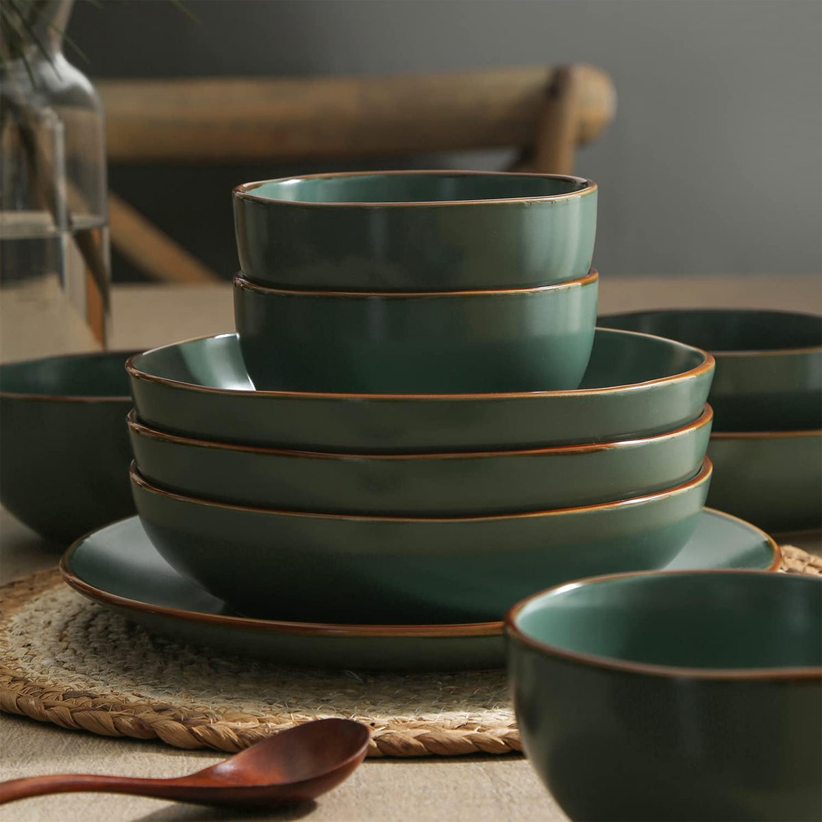 Stone Lain Brasa Modern Stoneware 32 Piece Dinnerware Set, Service for 8, Green - VMInnovations