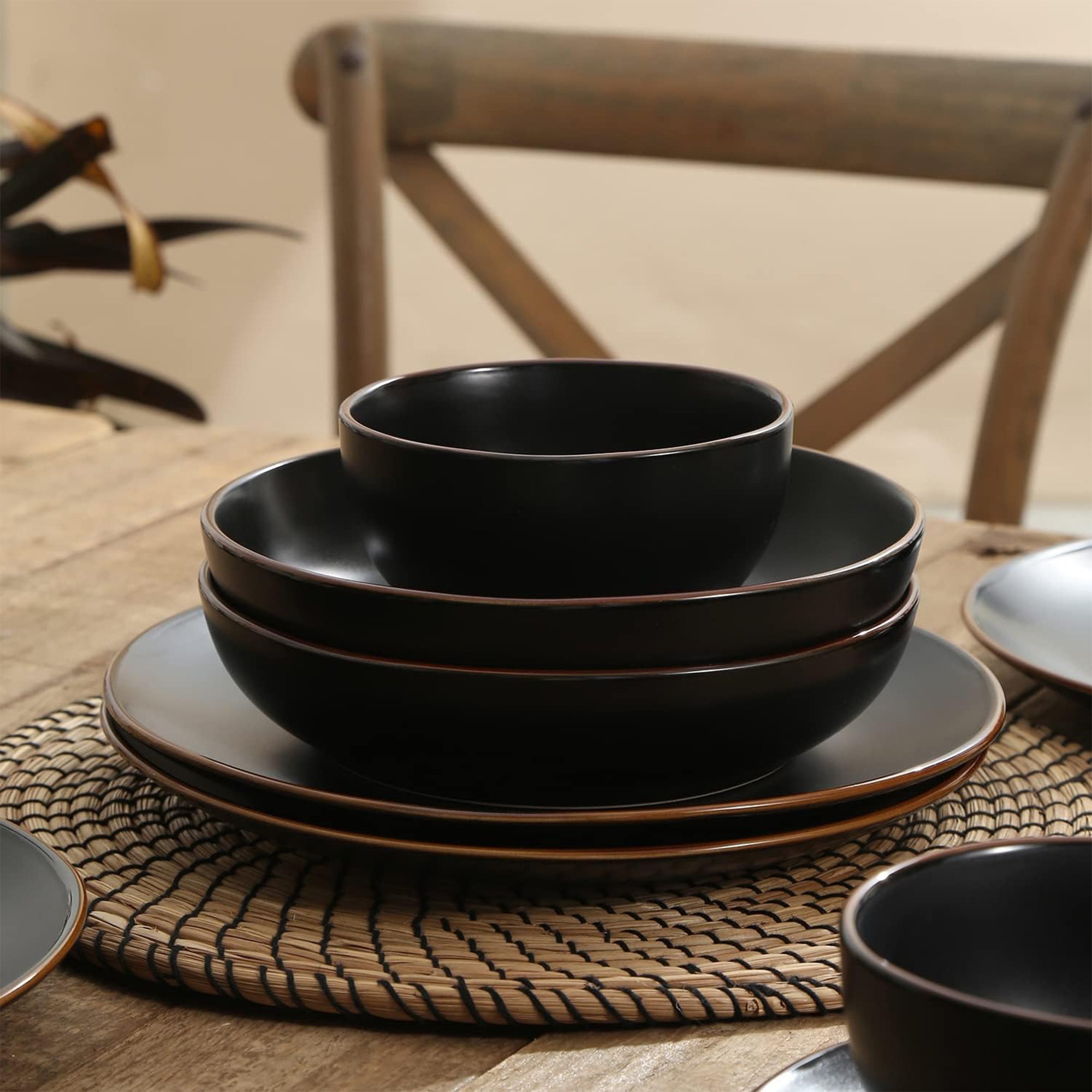 Stone Lain Brasa Modern Stoneware 32 Piece Dinnerware Set, Service for 8, Black - VMInnovations