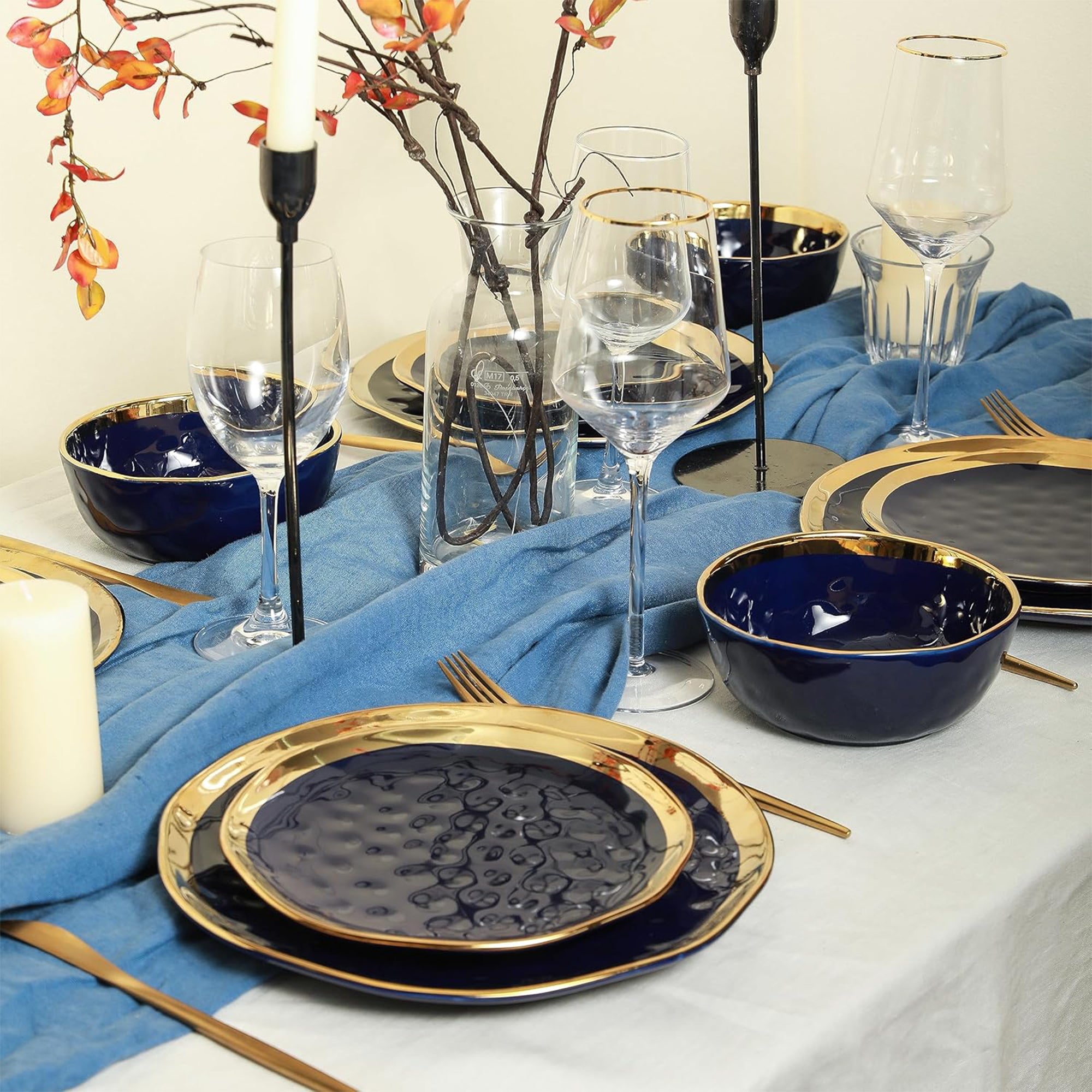 Stone Lain Florian Porcelain 16 Piece Dinnerware Set, Service for 4, Navy Blue - VMInnovations