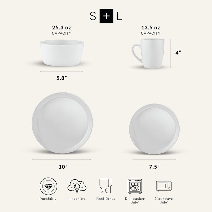 Stone Lain Albie Stoneware 16 Piece Dinnerware Set, Service for 4, White Speckle - VMInnovations