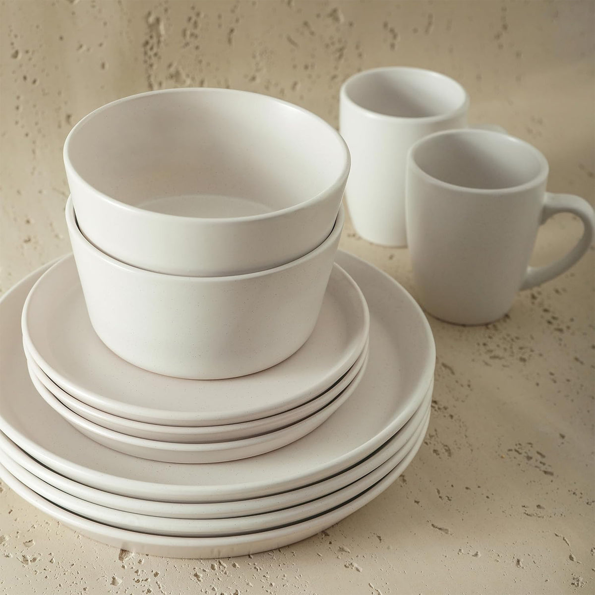 Stone Lain Albie Stoneware 16 Piece Dinnerware Set, Service for 4, White Speckle - VMInnovations