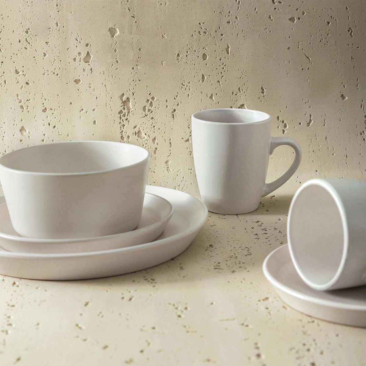 Stone Lain Albie Stoneware 16 Piece Dinnerware Set, Service for 4, White Speckle - VMInnovations