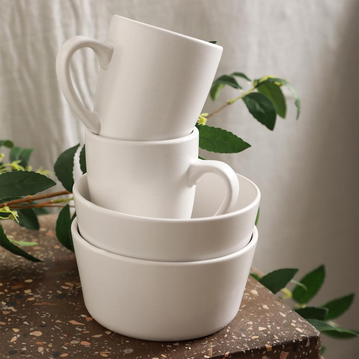 Stone Lain Albie Stoneware 16 Piece Dinnerware Set, Service for 4, White Speckle - VMInnovations