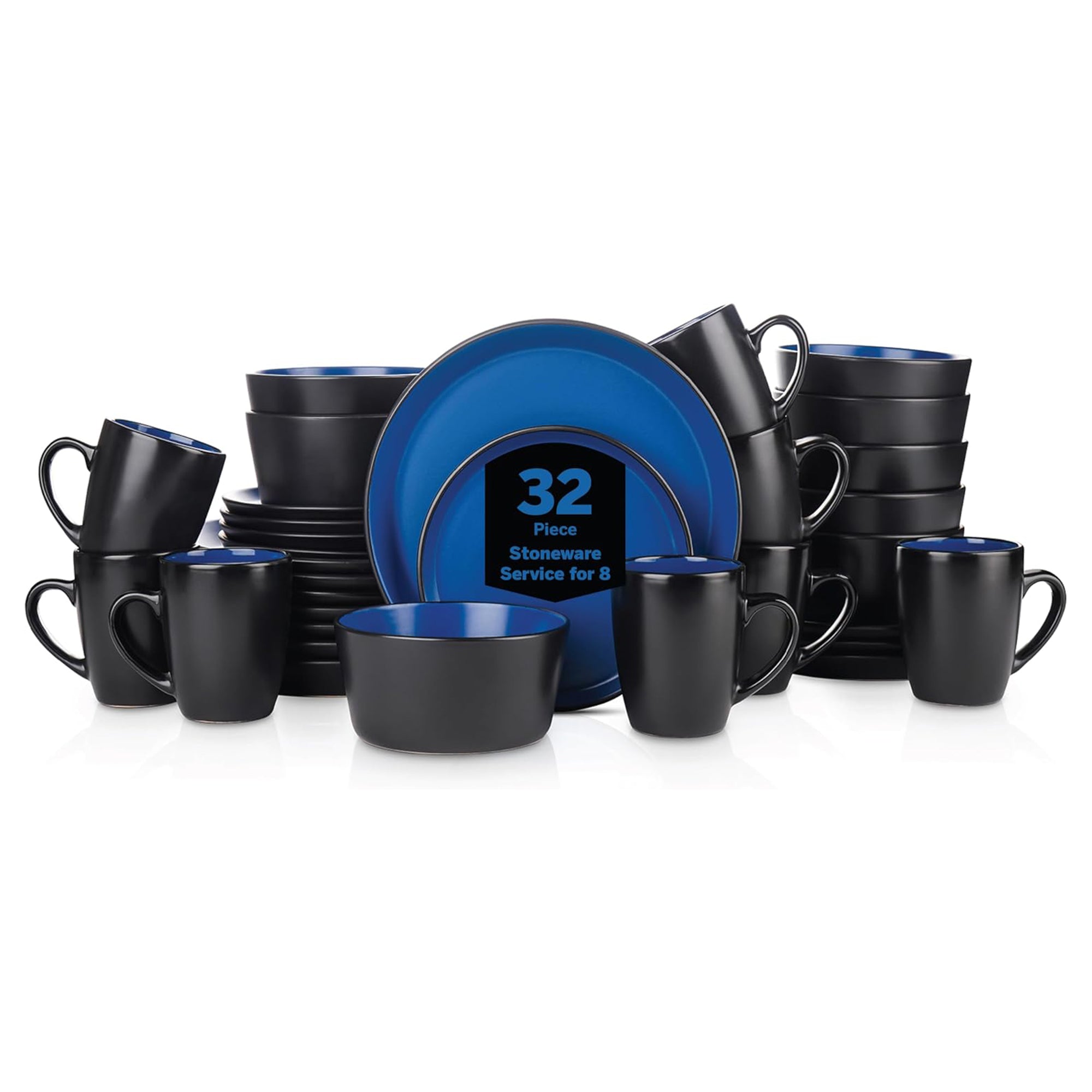 Stone Lain Albie Stoneware 32 Piece Dinnerware Set, Service for 8, Blue & Black - VMInnovations