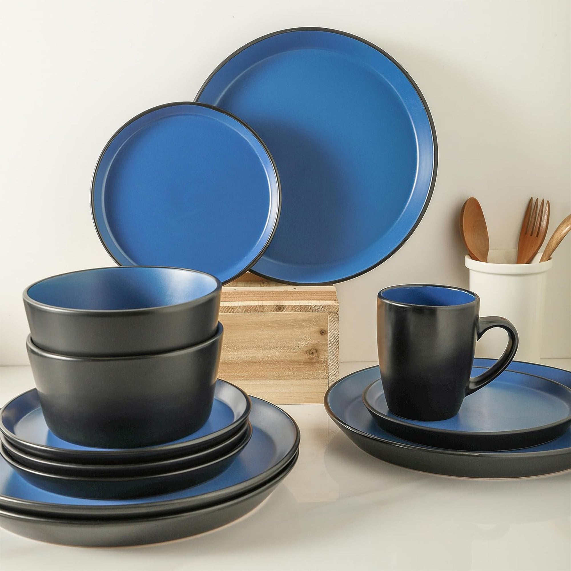 Stone Lain Stoneware 16pc Dinnerware Set, Service for 4, Blue & Black (Open Box) - VMInnovations