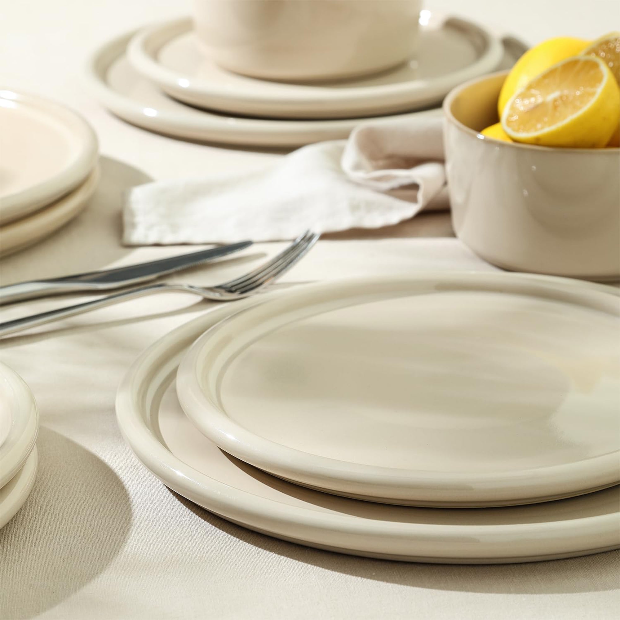 Stone Lain 12 Piece Modern Stoneware Dinnerware Set Plates, Bowls, Beige - VMInnovations