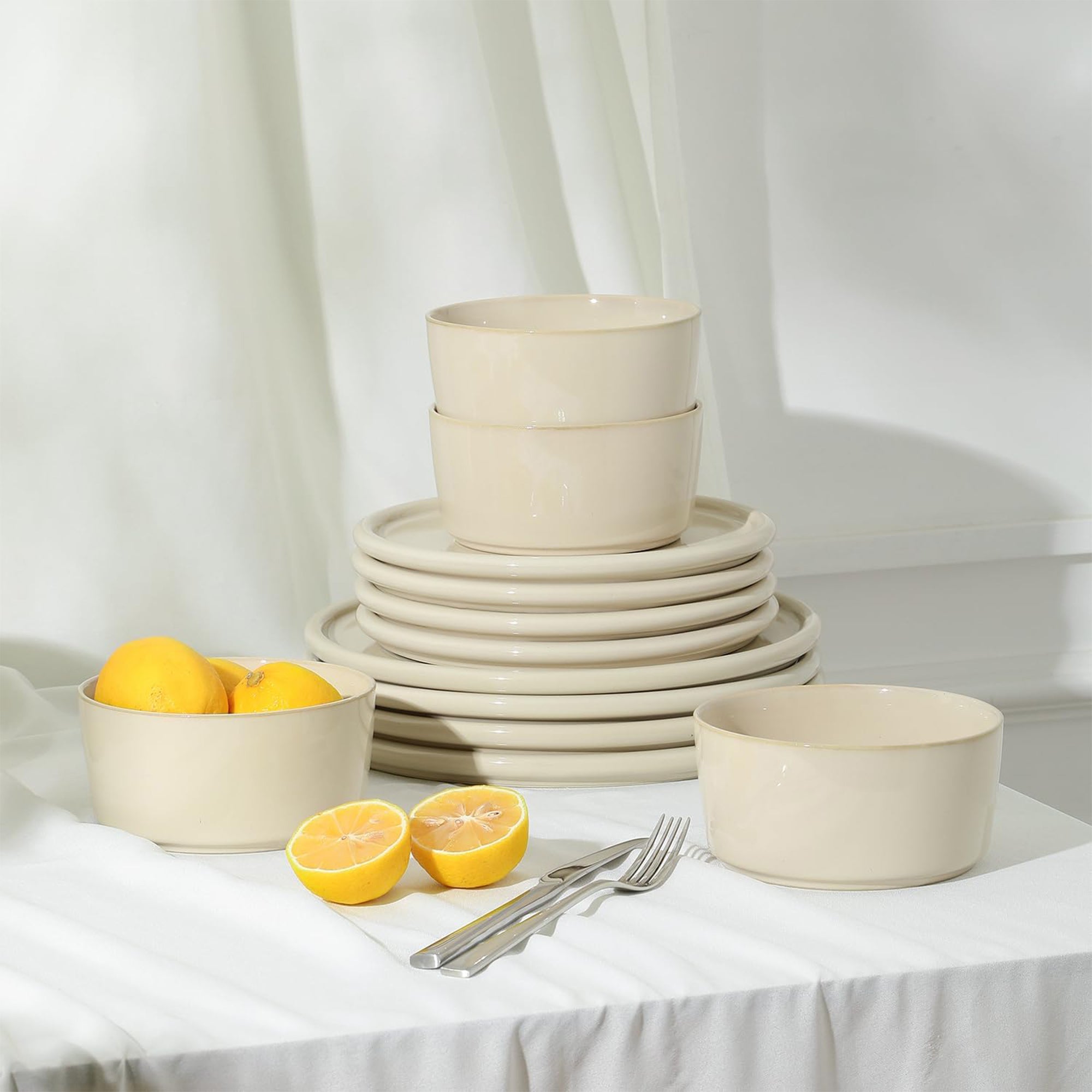 Stone Lain 12 Piece Modern Stoneware Dinnerware Set Plates, Bowls, Beige - VMInnovations