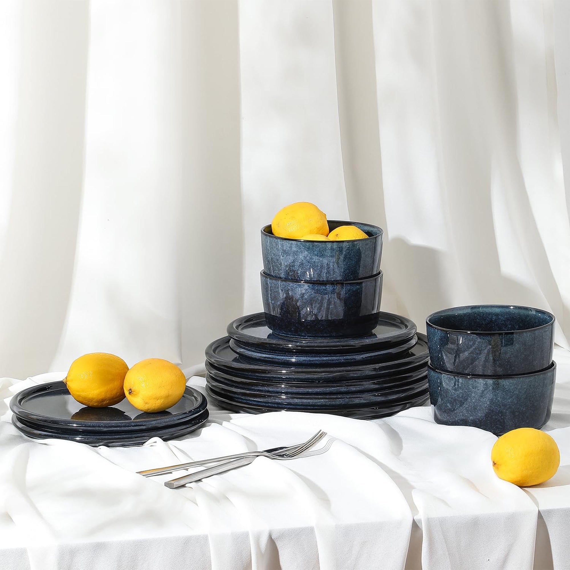 Stone Lain 12pc Stoneware Dinnerware Set Plates, Bowls, Dark Blue (Open Box) - VMInnovations