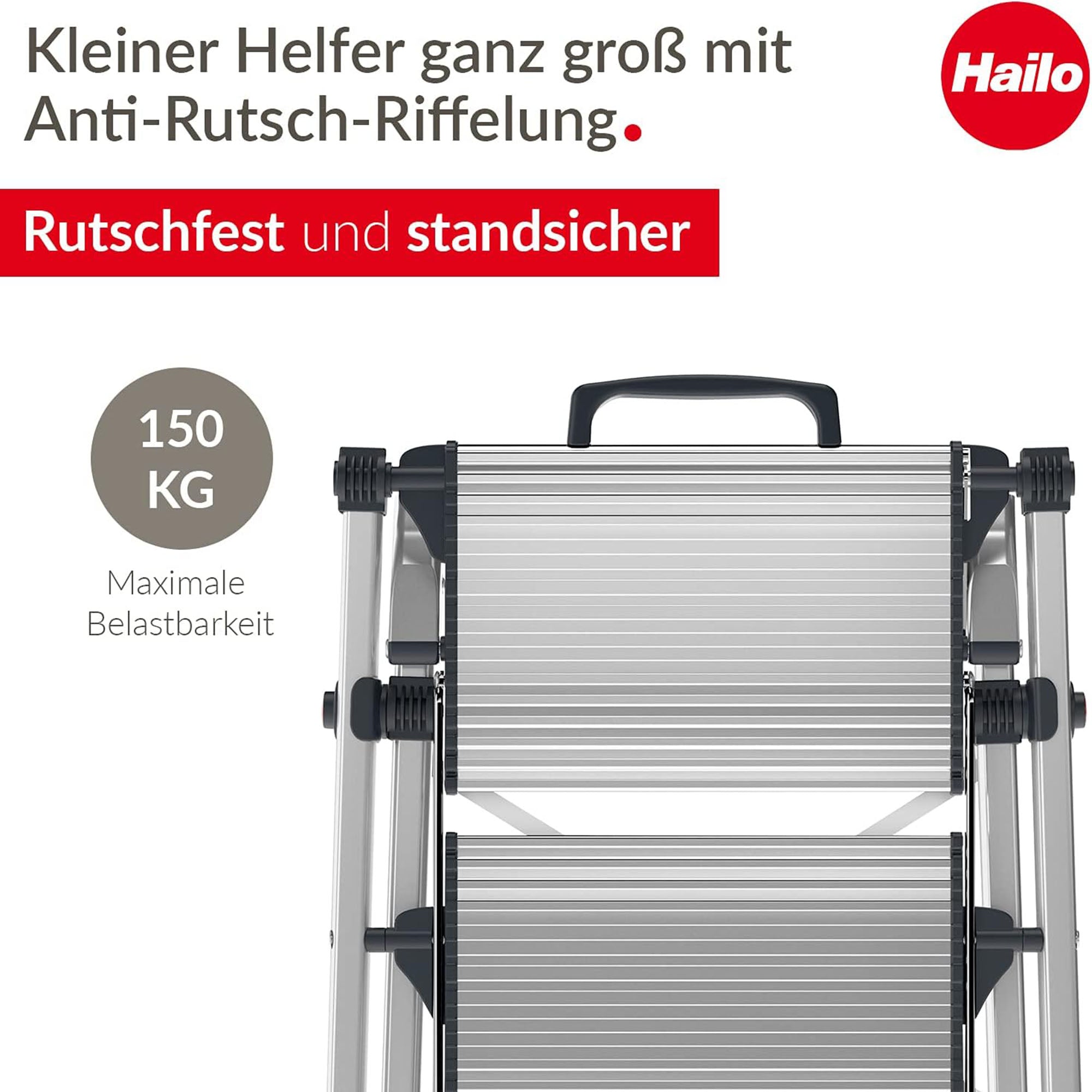 Hailo Folding 2 Step Non-Slip Stool for Home and Kitchen, MK80, Silver/Black - VMInnovations