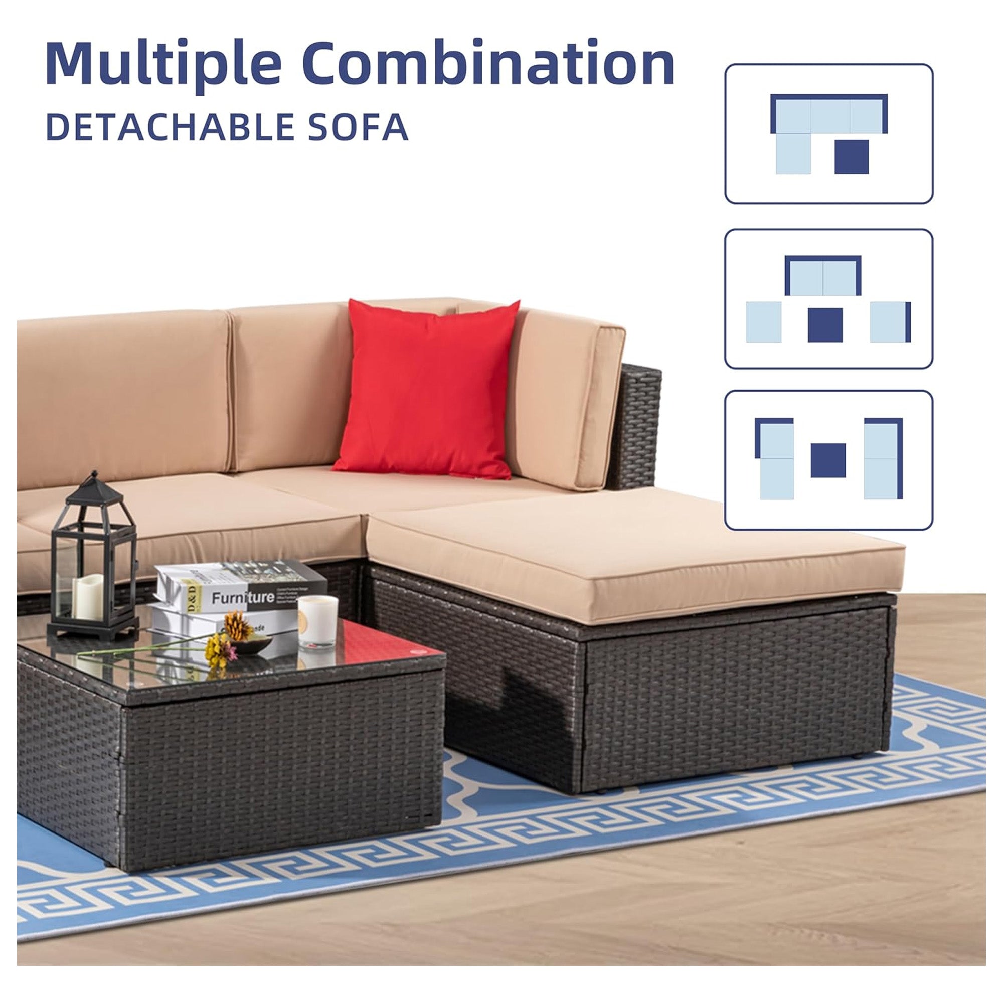 Vongrasig 5pc Patio Furniture Set, Outdoor Sofa w/Ottoman & Table, Beige(Used)