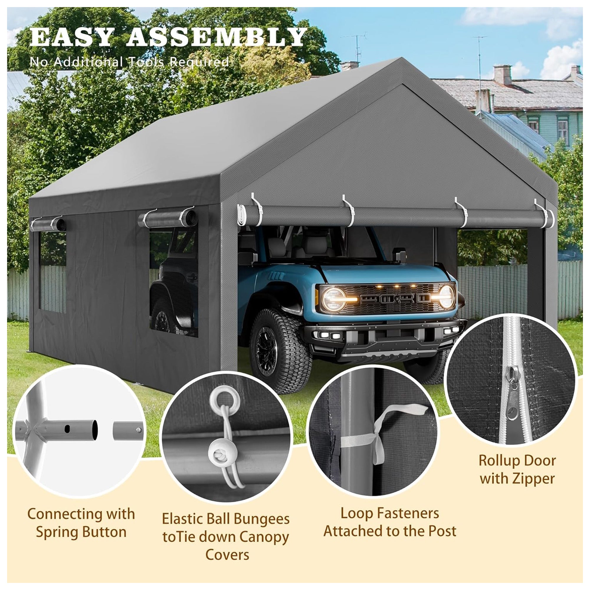 Walsunny 10x20 Ft Carport Canopy w/Sidewalls & Roll-Up Windows, Gray (For Parts) - VMInnovations