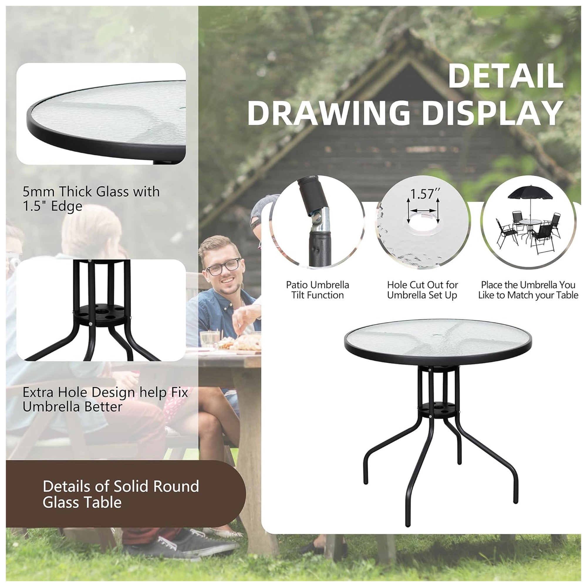 Vongrasig 6Pc Folding Patio Set, Outdoor Table, Chairs & Umbrella (Open Box) - VMInnovations
