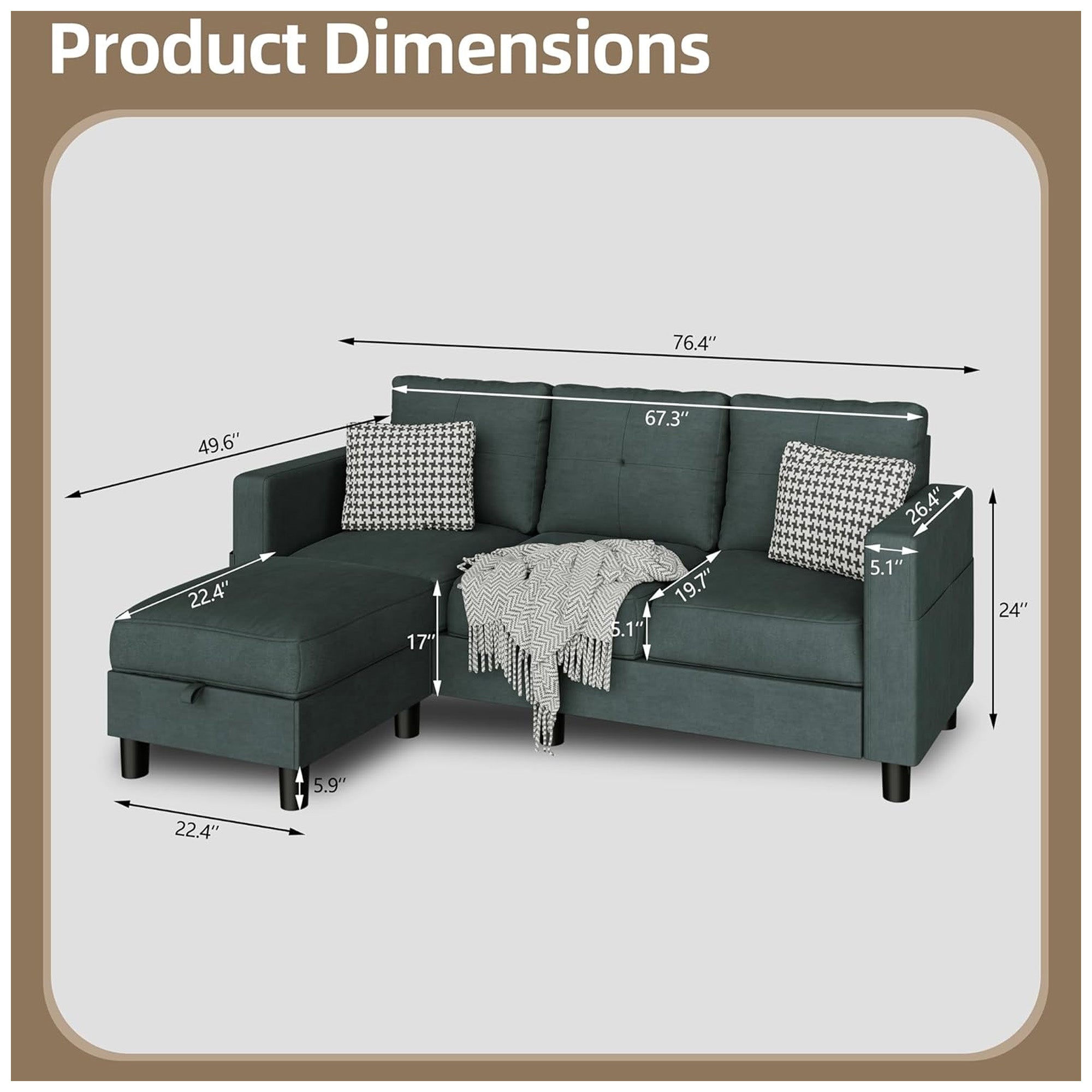 Walsunny Convertible Sectional Sofa w/ Ottoman, L-Shaped 3-Seat Couch (Open Box) - VMInnovations