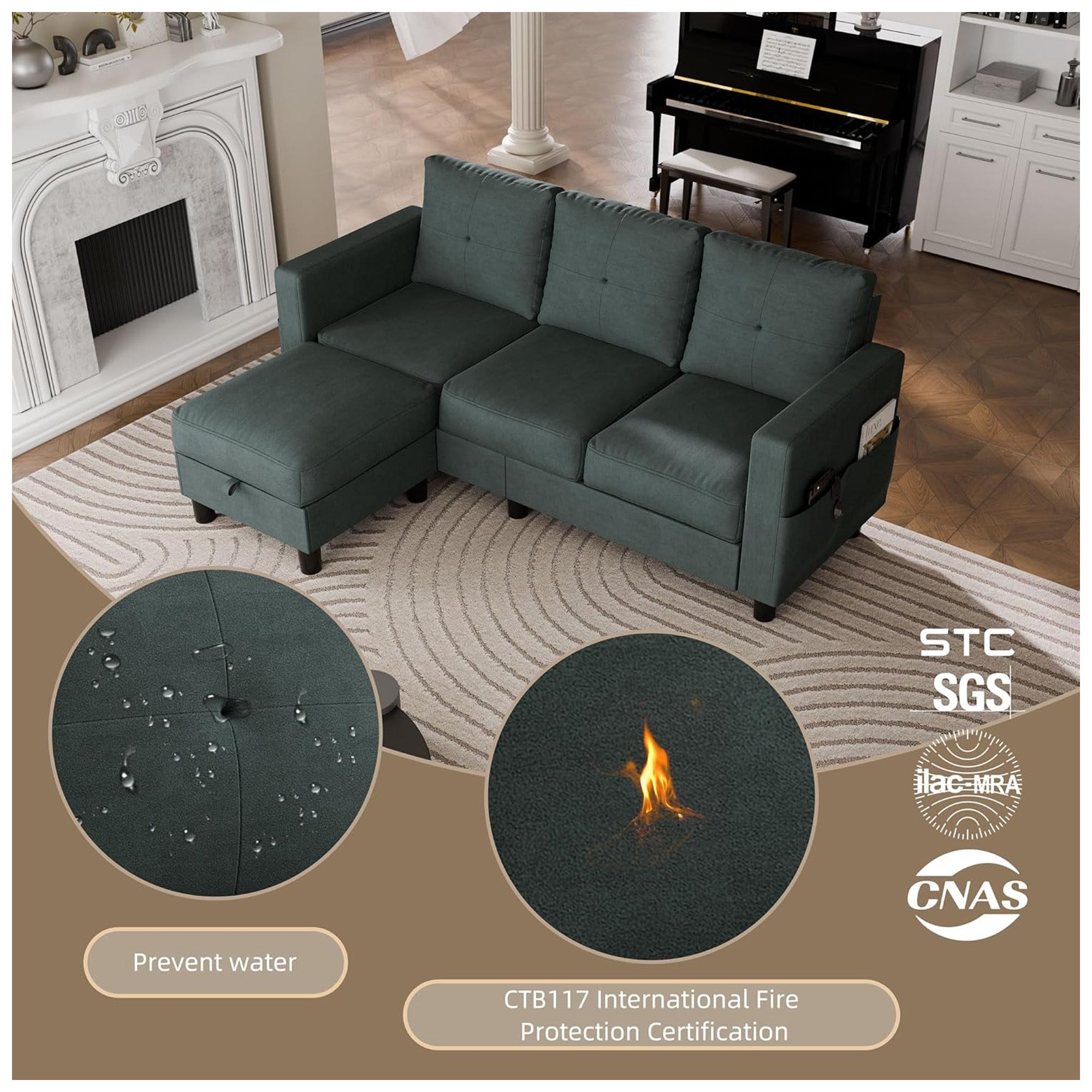 Walsunny Convertible Sectional Sofa w/Ottoman, L-Shaped 3-Seat Couch (For Parts) - VMInnovations