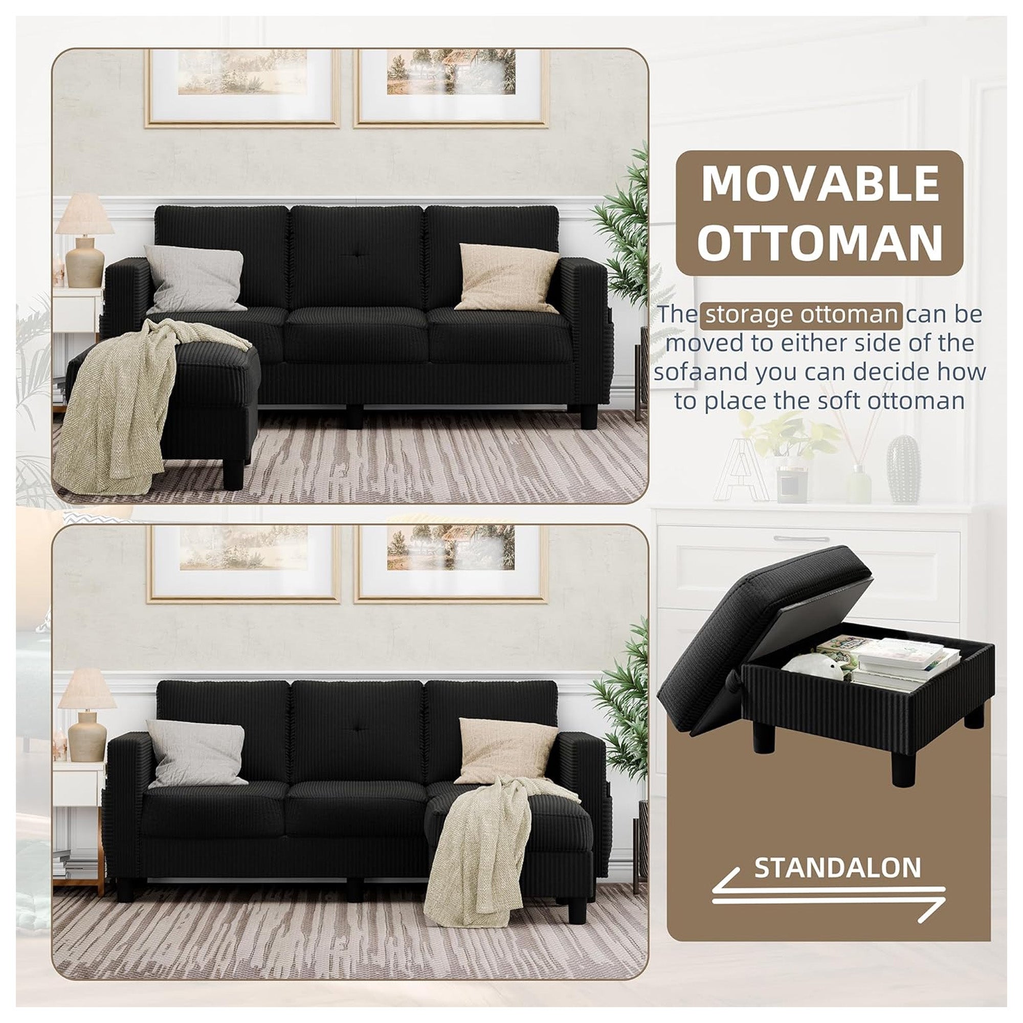 JAMFLY Sectional Sofa Couch with Ottoman, L Shaped 3 Seat Furniture (Open Box) - VMInnovations