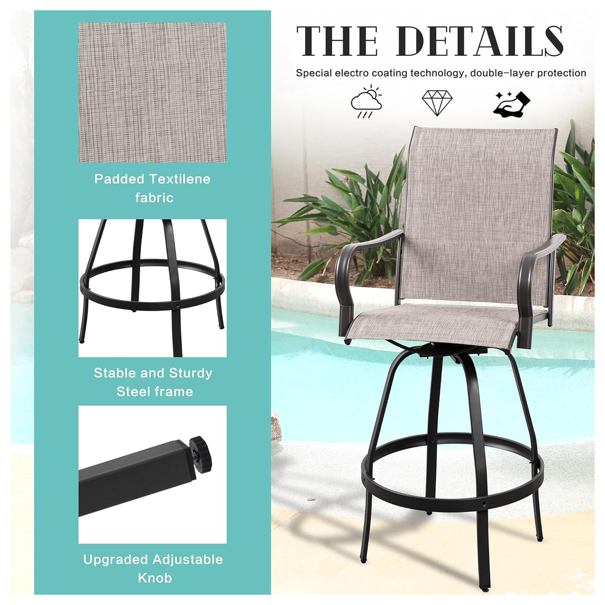 Vongrasig 2pc Patio Swivel Bar Chairs, Outdoor Furniture Set, Taupe (Open Box) - VMInnovations