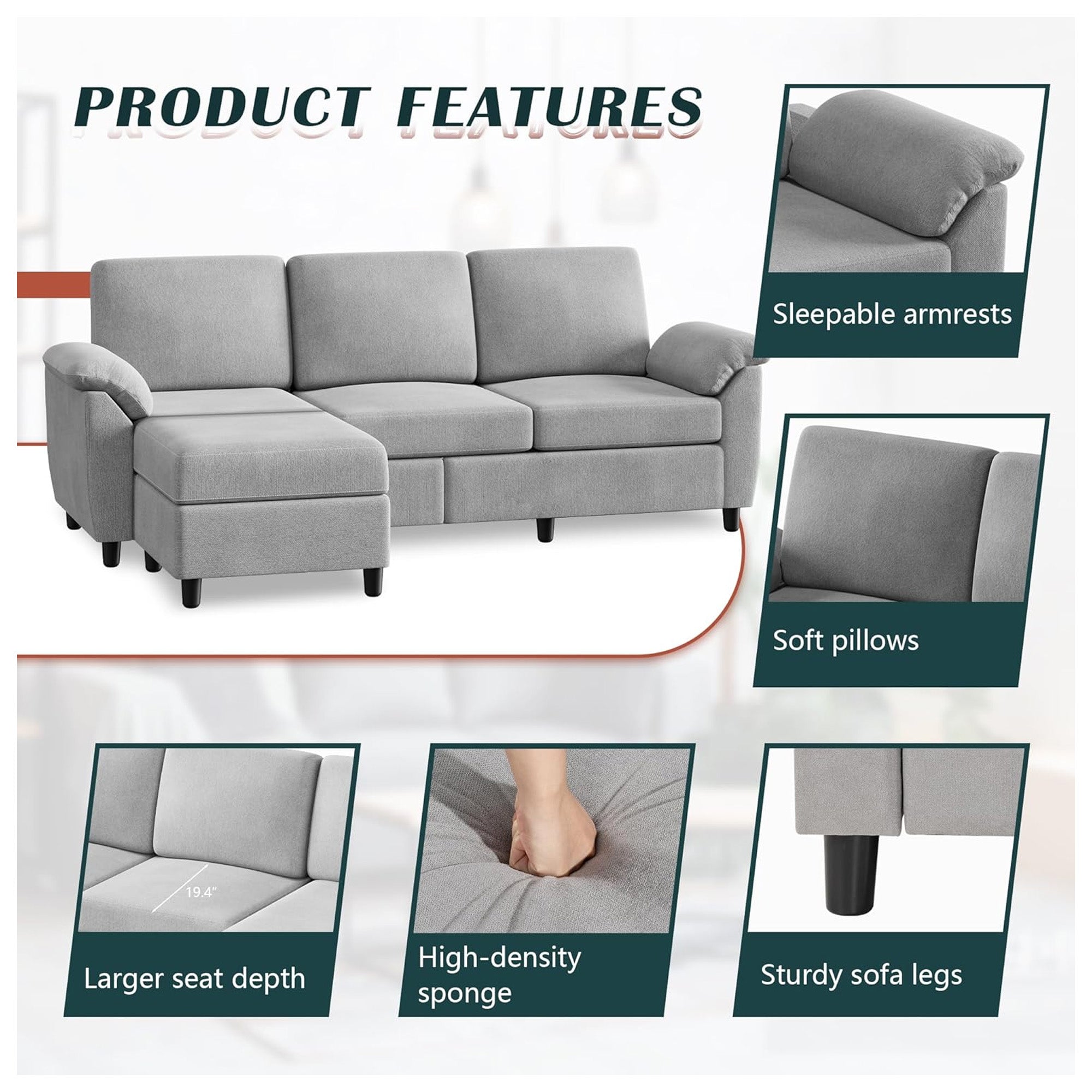Vongrasig 79" Convertible Sectional Sofa Couch, L Shaped, Light Gray(Open Box) - VMInnovations