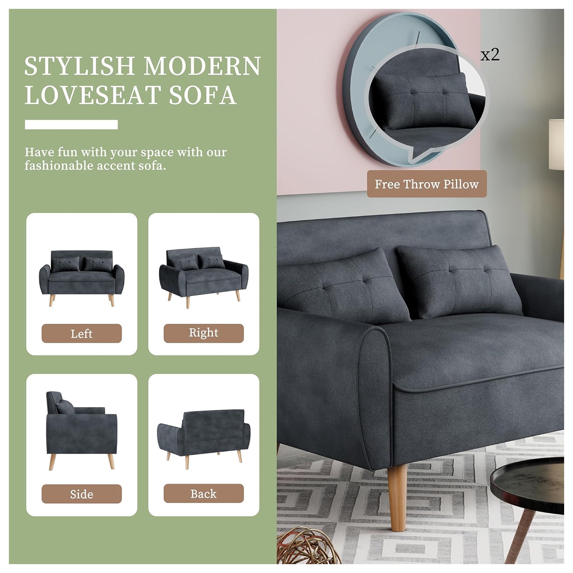 Vongrasig 47" Loveseat Sofa Couch w/Back Cushions for Home, Dark Gray(Used) - VMInnovations