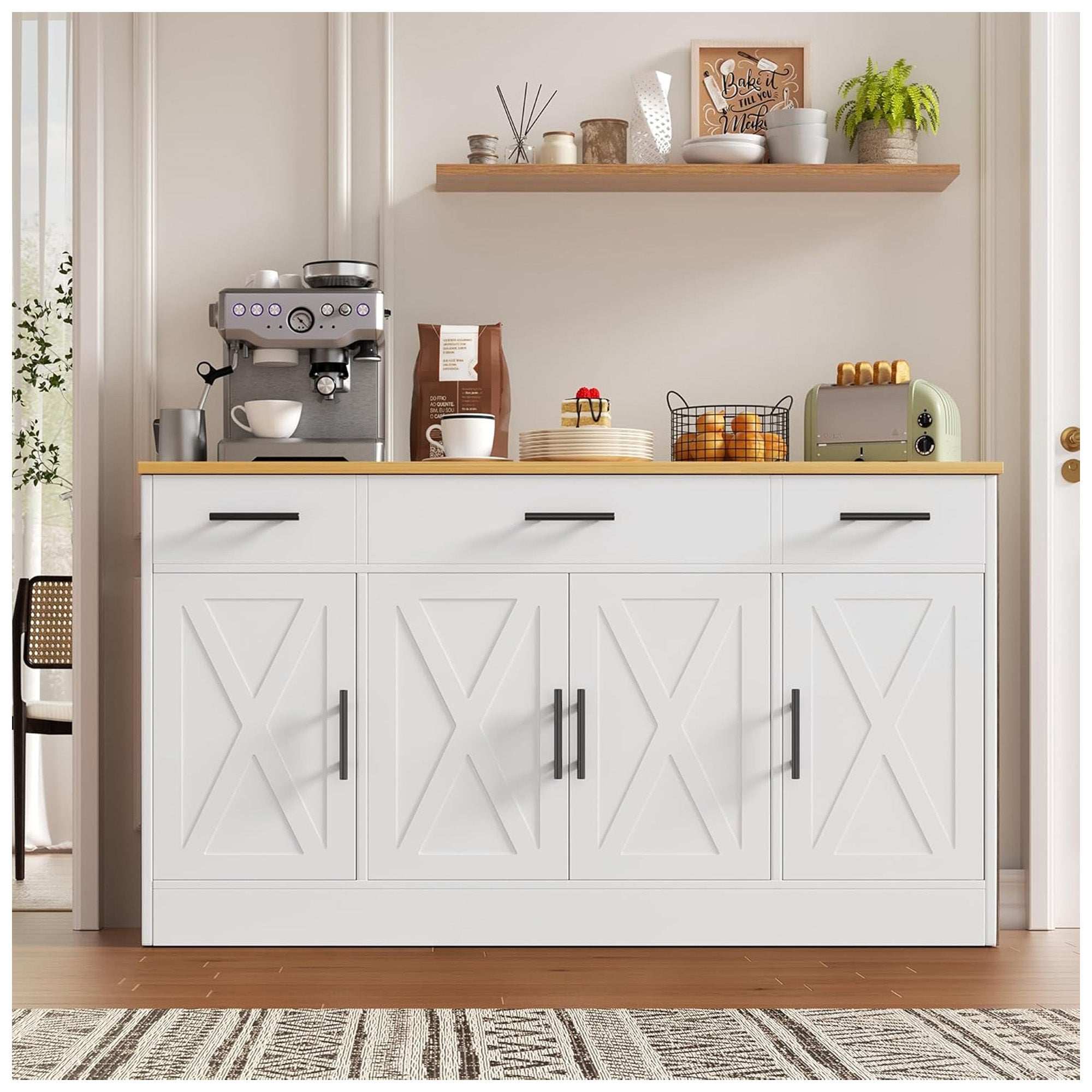 Vongrasig 53” Buffet Cabinet w/Drawers, Farmhouse Sideboard, White (Open Box) - VMInnovations