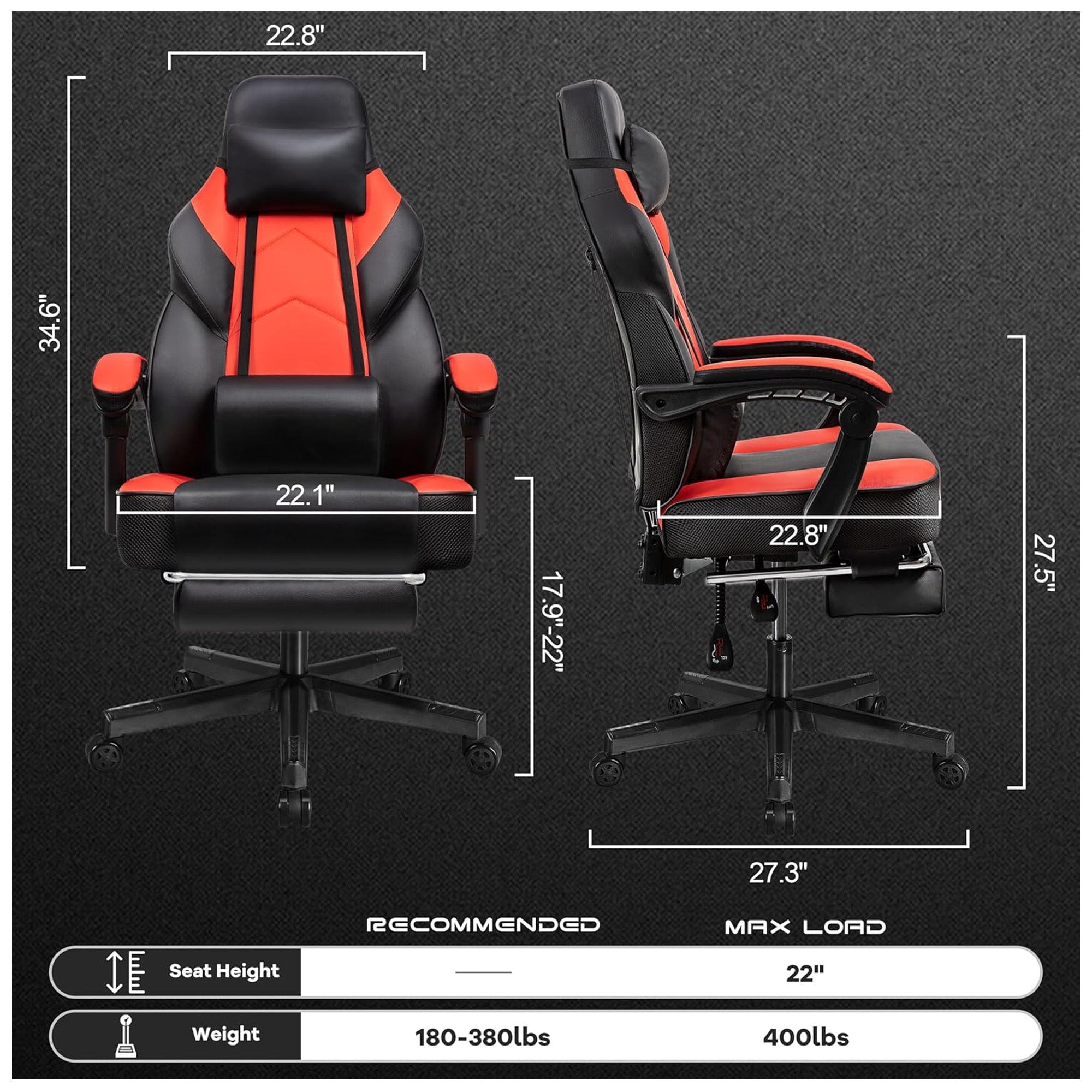Meilocar Adjustable Gaming Chair w/Footrest, Massage Lumbar Support, Red (Used) - VMInnovations