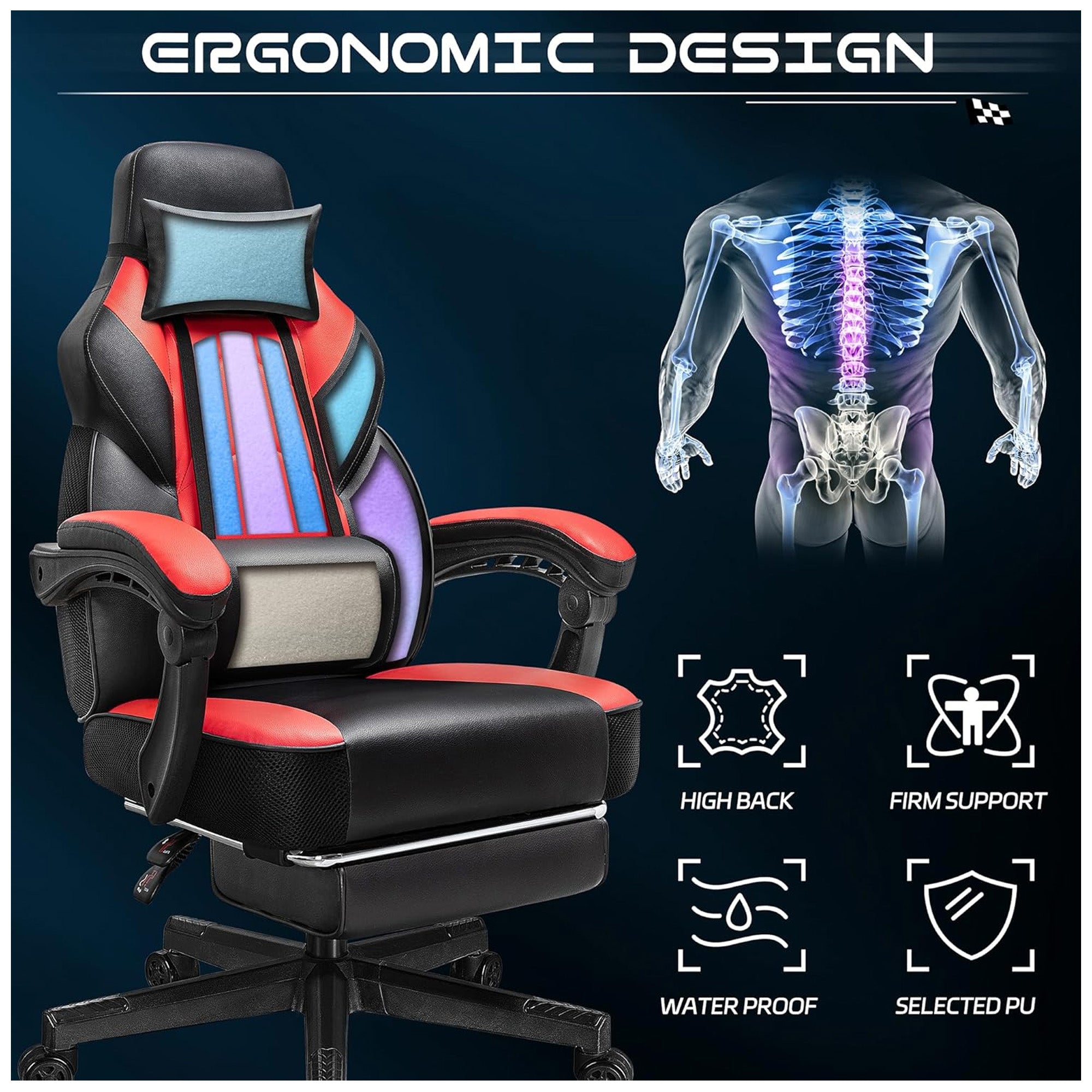 Meilocar Adjustable Gaming Chair w/Footrest, Massage Lumbar Support, Red (Used) - VMInnovations