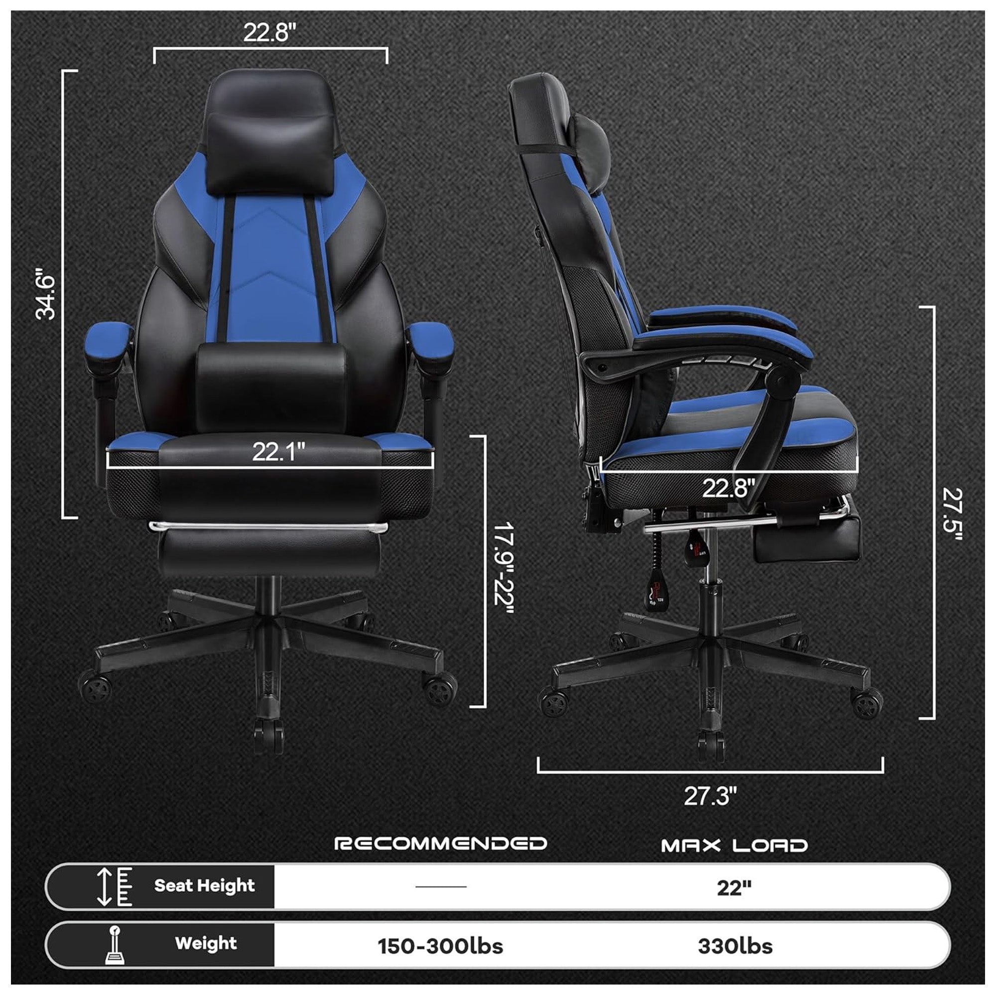 Meilocar Adjustable Gaming Chair w/Footrest, Massage Lumbar Support, Blue(Used)