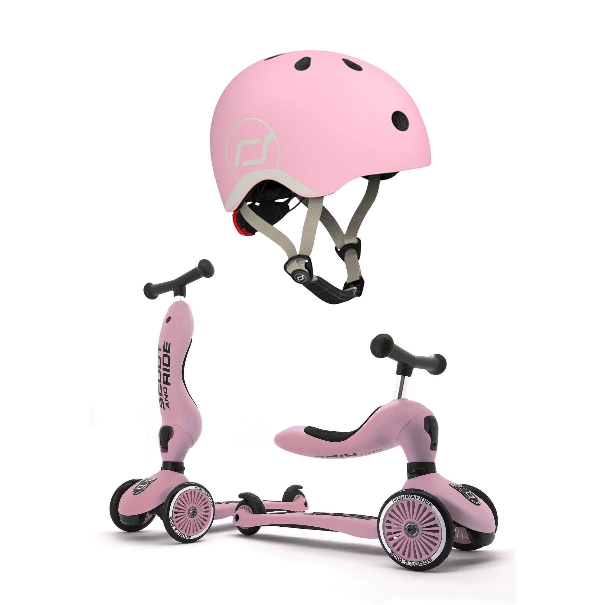 Scoot & Ride 2-in-1 Ride-On Scooter Highwaykick 1 and Kids Helmet XXS, Rose - VMInnovations