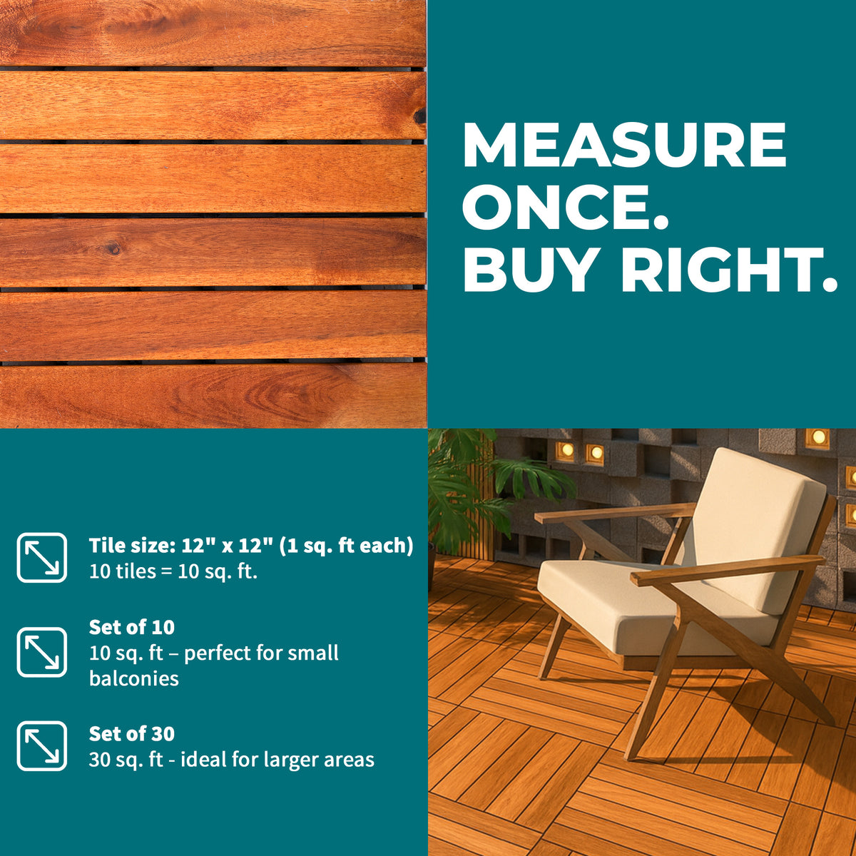 Bliss Outdoors Hardwood 6-Slat Interlocking Wood Deck Tiles, 10pc (Open Box) - VMInnovations