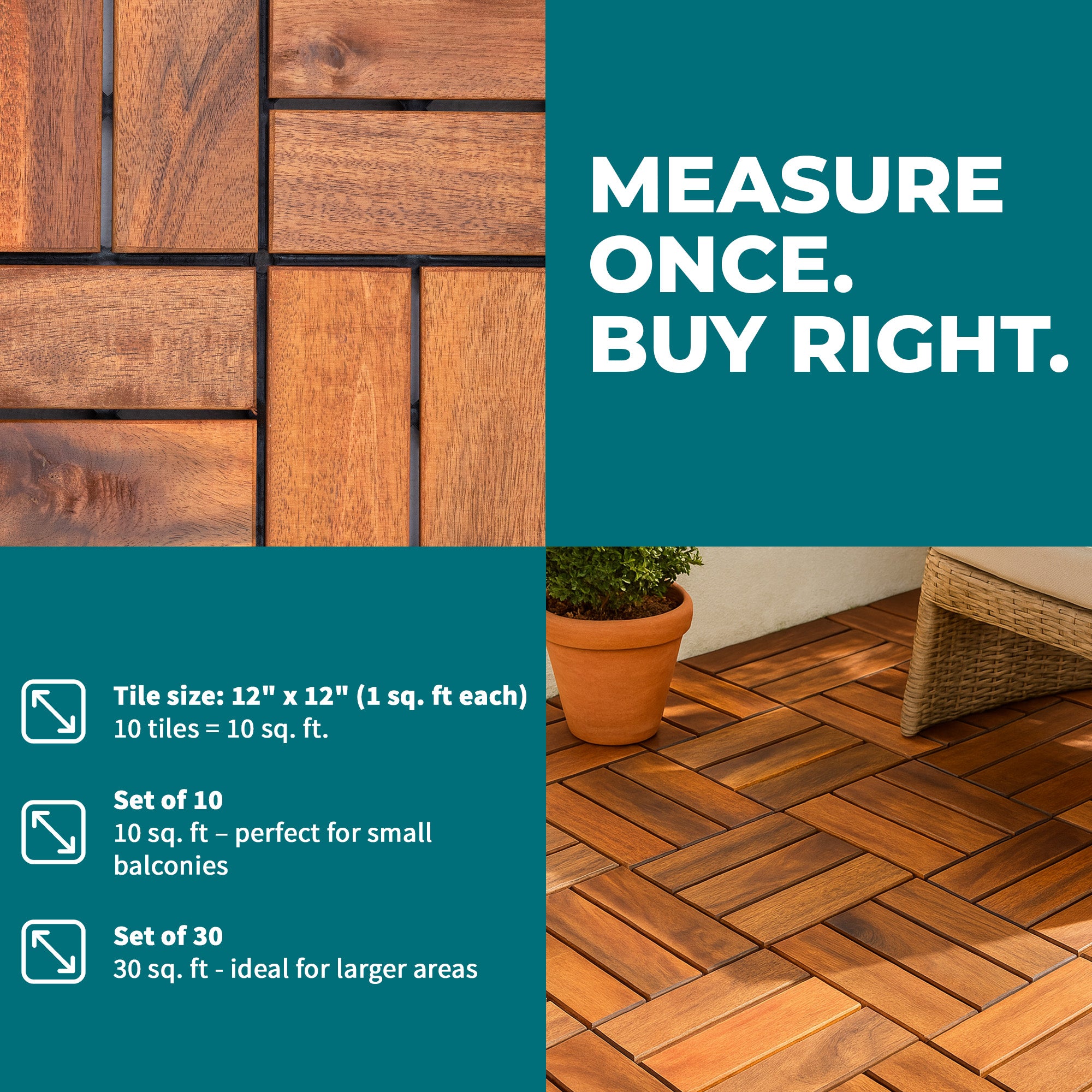 Bliss Outdoors Hardwood 12-Slat Interlocking Wood Deck Tiles, Natural, Set of 10 - VMInnovations