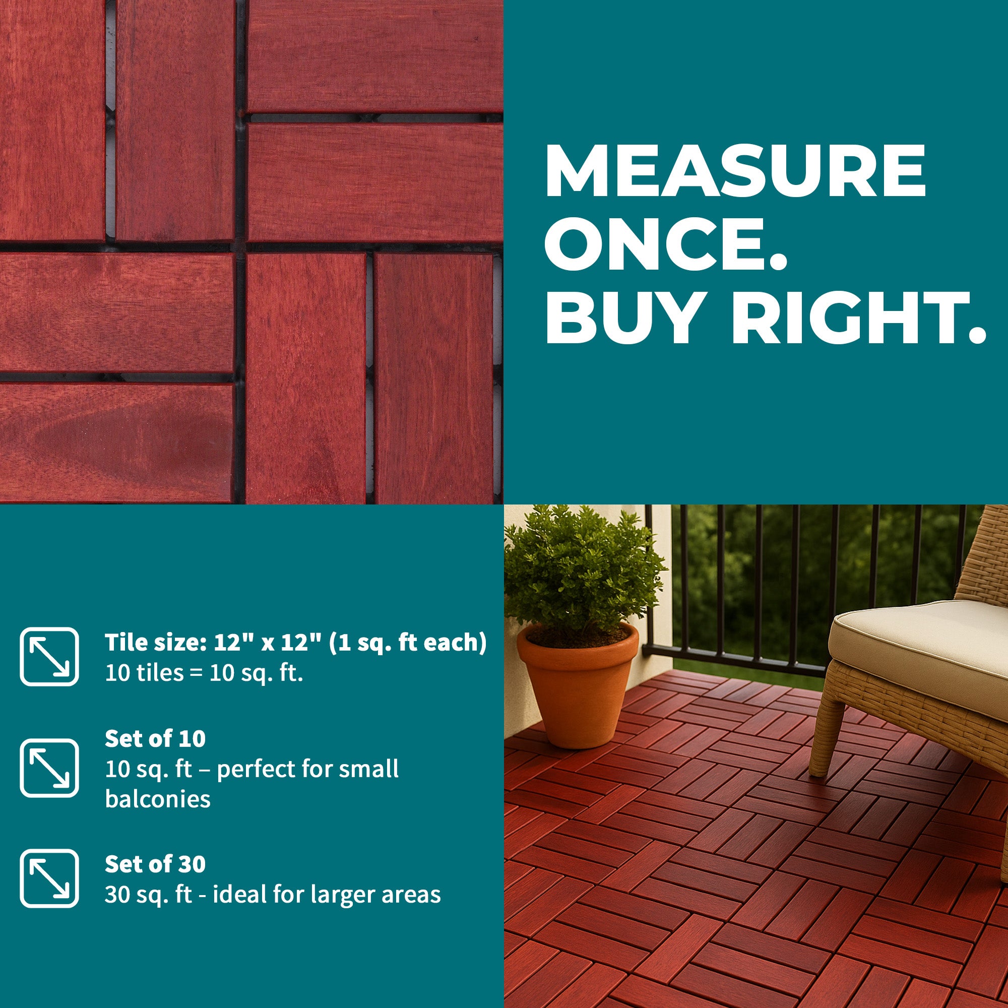 Bliss Outdoors Hardwood 12-Slat Interlocking Wood Deck Tiles, Red, Set of 10 - VMInnovations