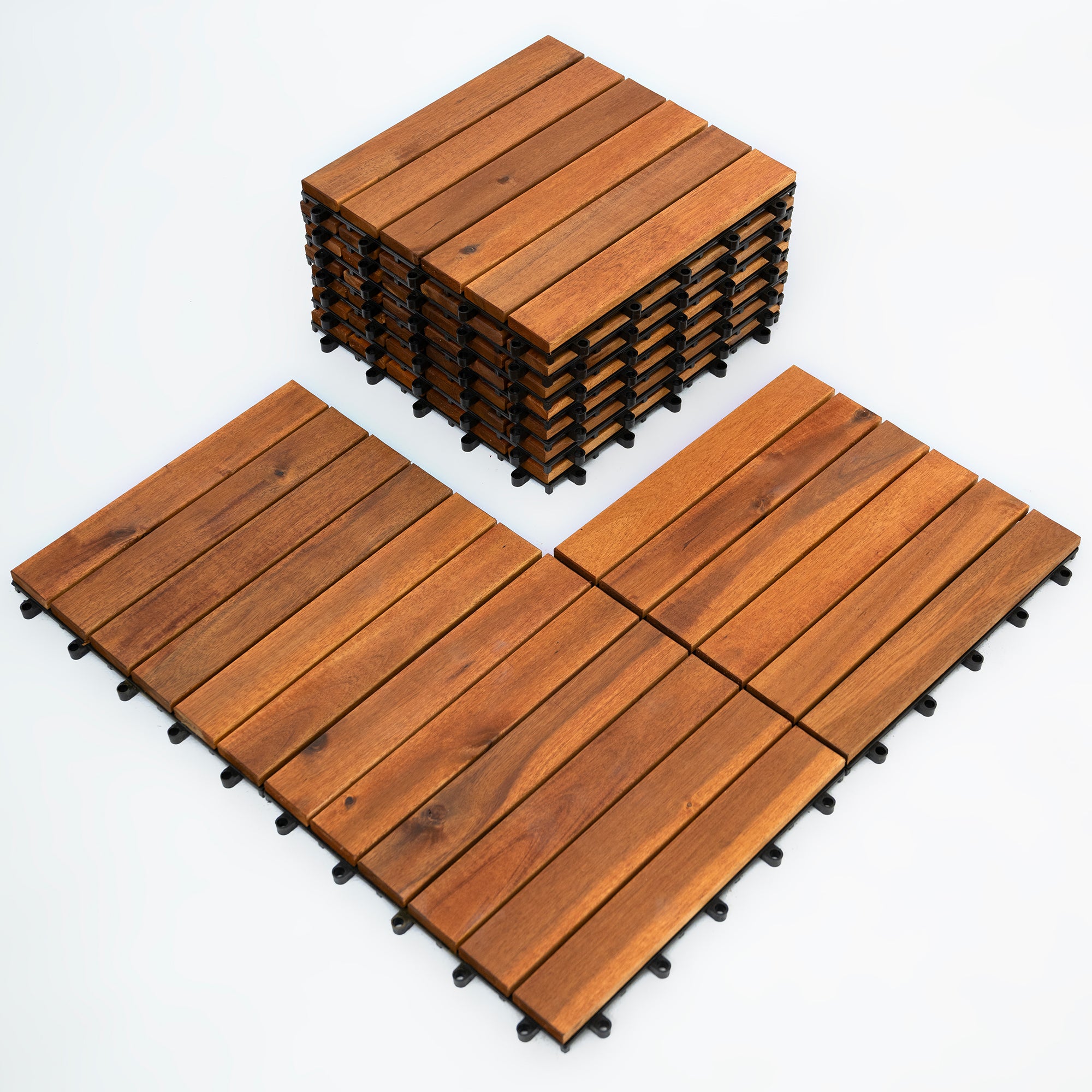 Bliss Outdoors Hardwood 6-Slat Interlocking Wood Deck Tiles, Natural, (Open Box)