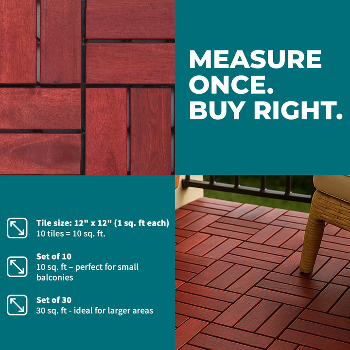 Bliss Outdoors Hardwood 12-Slat Interlocking Wood Deck Tiles, Red, Set of 30 - VMInnovations