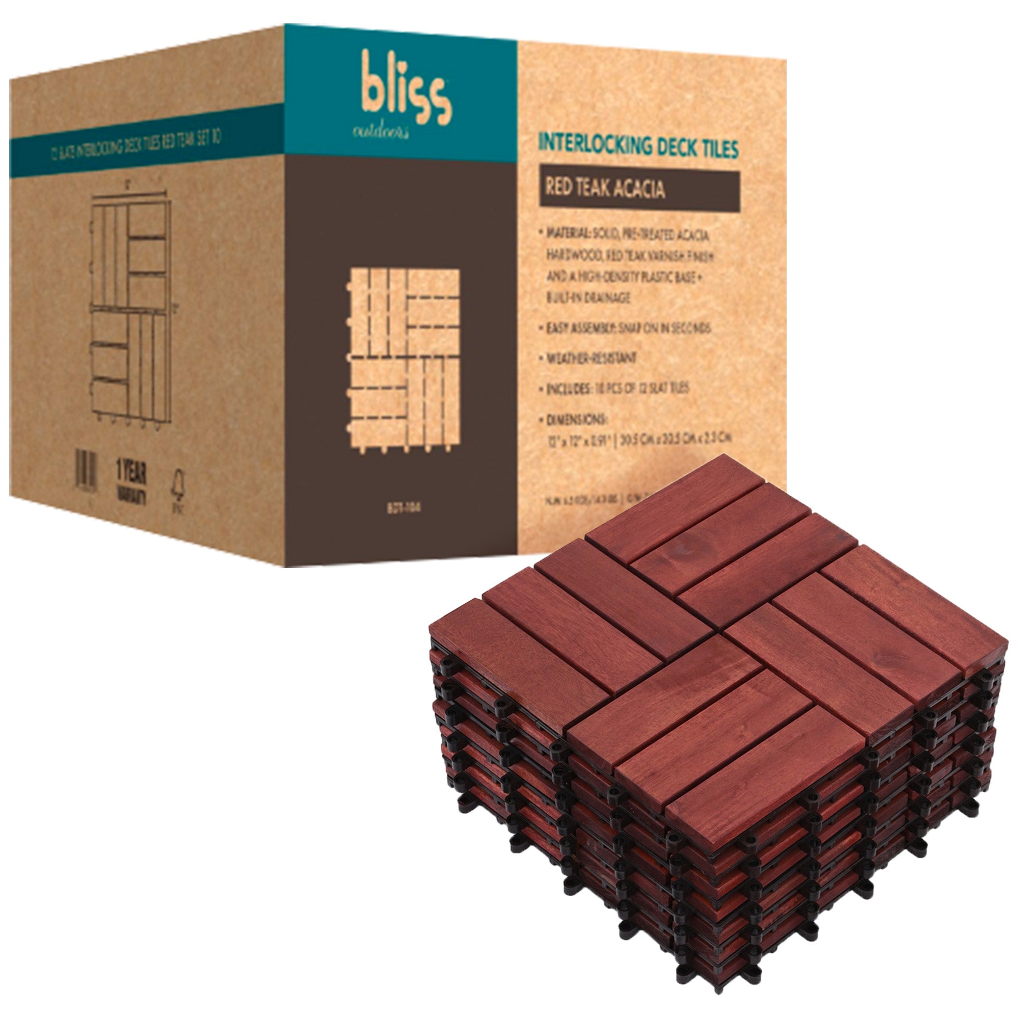 Bliss Outdoors Hardwood 12-Slat Interlocking Wood Deck Tiles, Red, Set of 10 - VMInnovations
