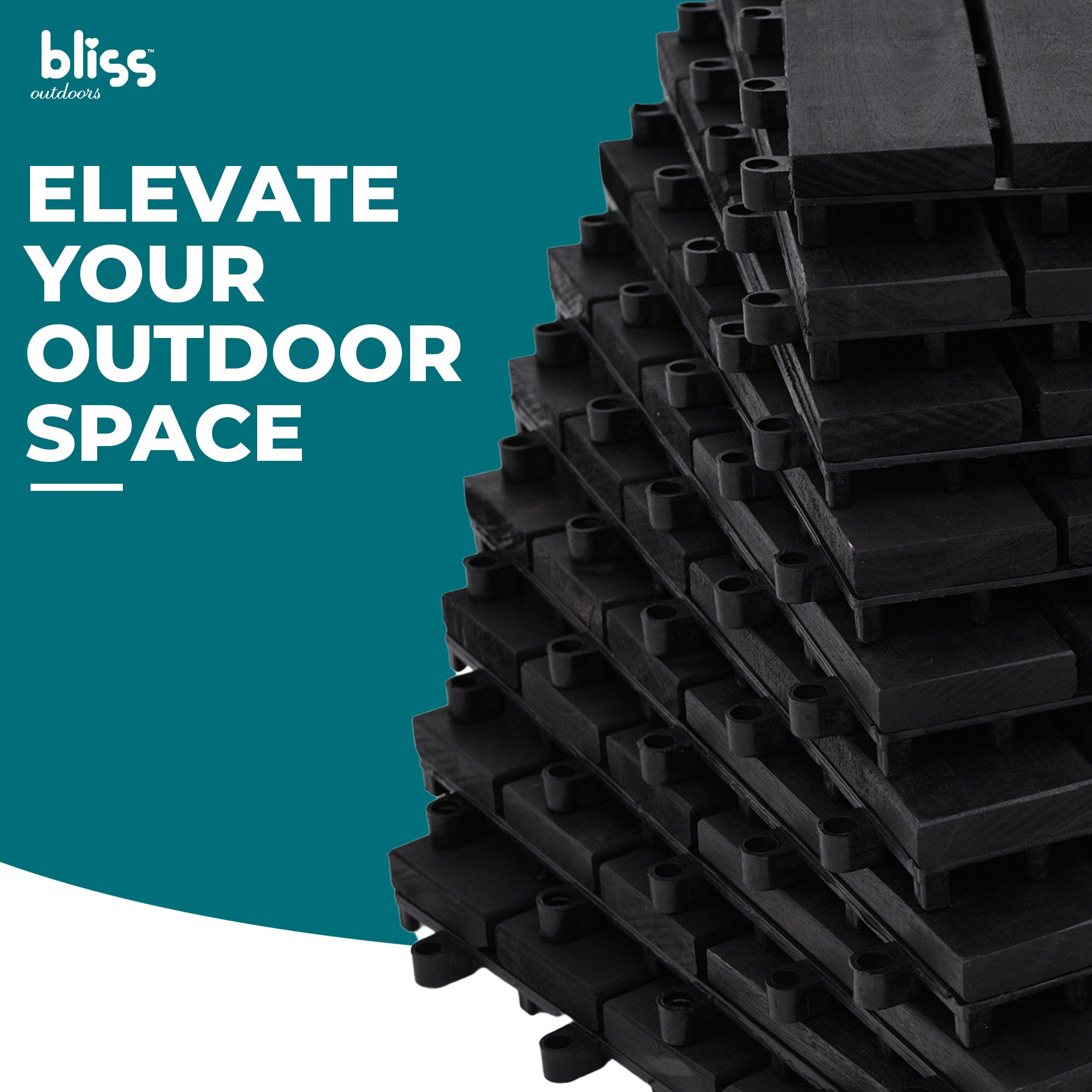 Bliss Outdoors Hardwood 12-Slat Interlock Wood Deck Tiles, Aged Black, Set of 30