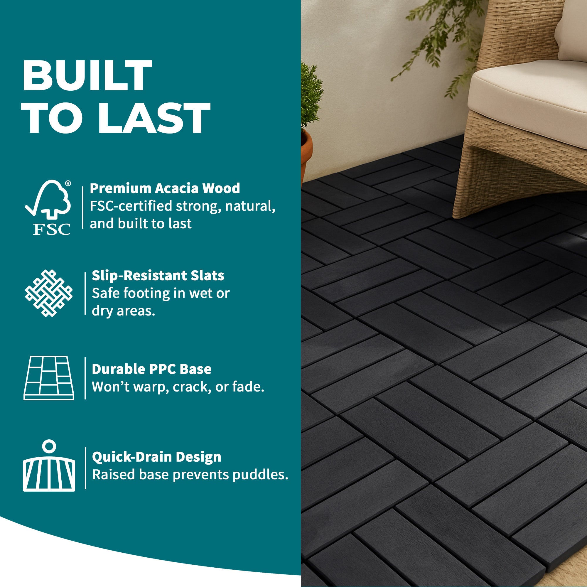 Bliss Outdoors Hardwood 12-Slat Interlock Wood Deck Tiles, Aged Black, Set of 30
