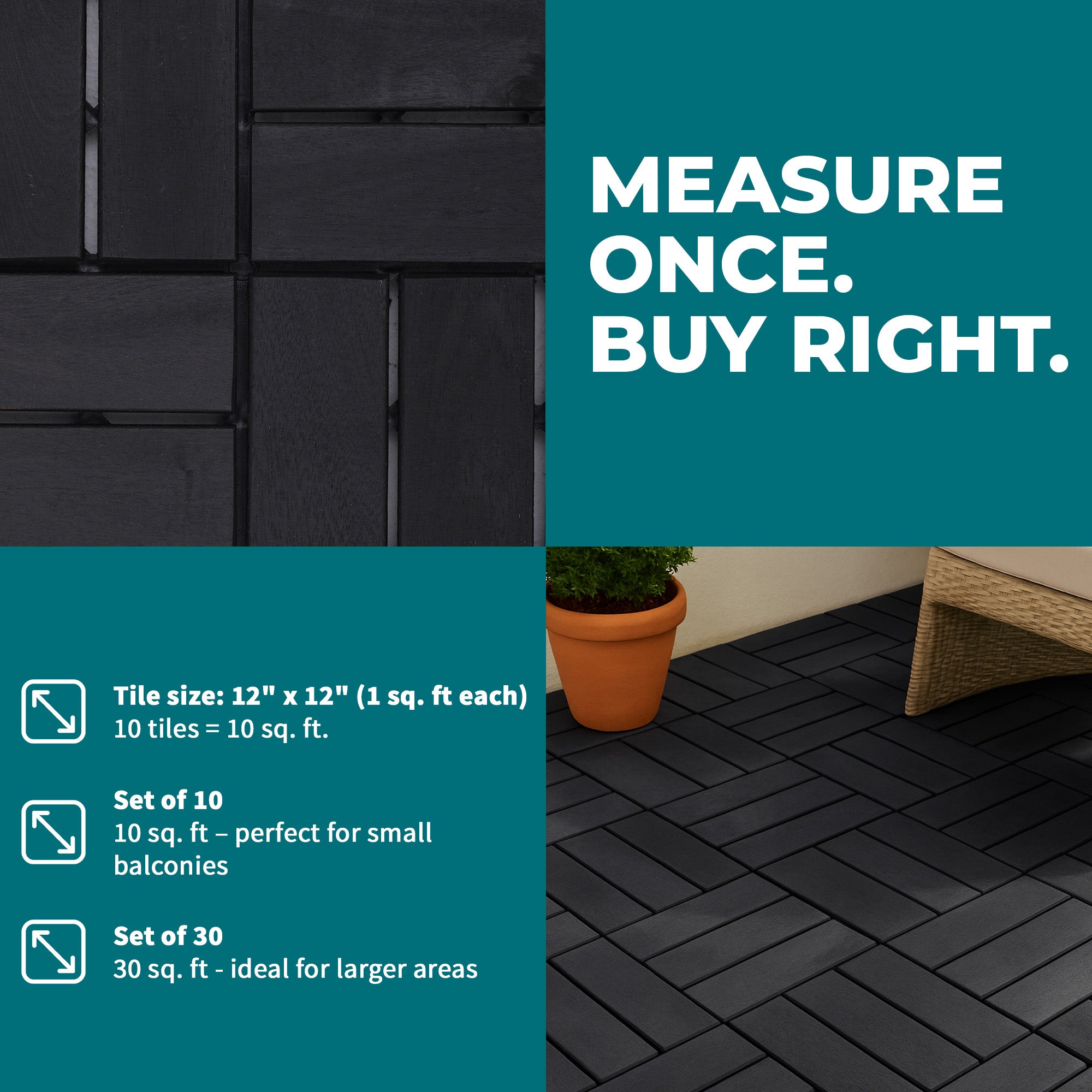 Bliss Outdoors Hardwood 12-Slat Interlock Wood Deck Tiles, Aged Black (Open Box)