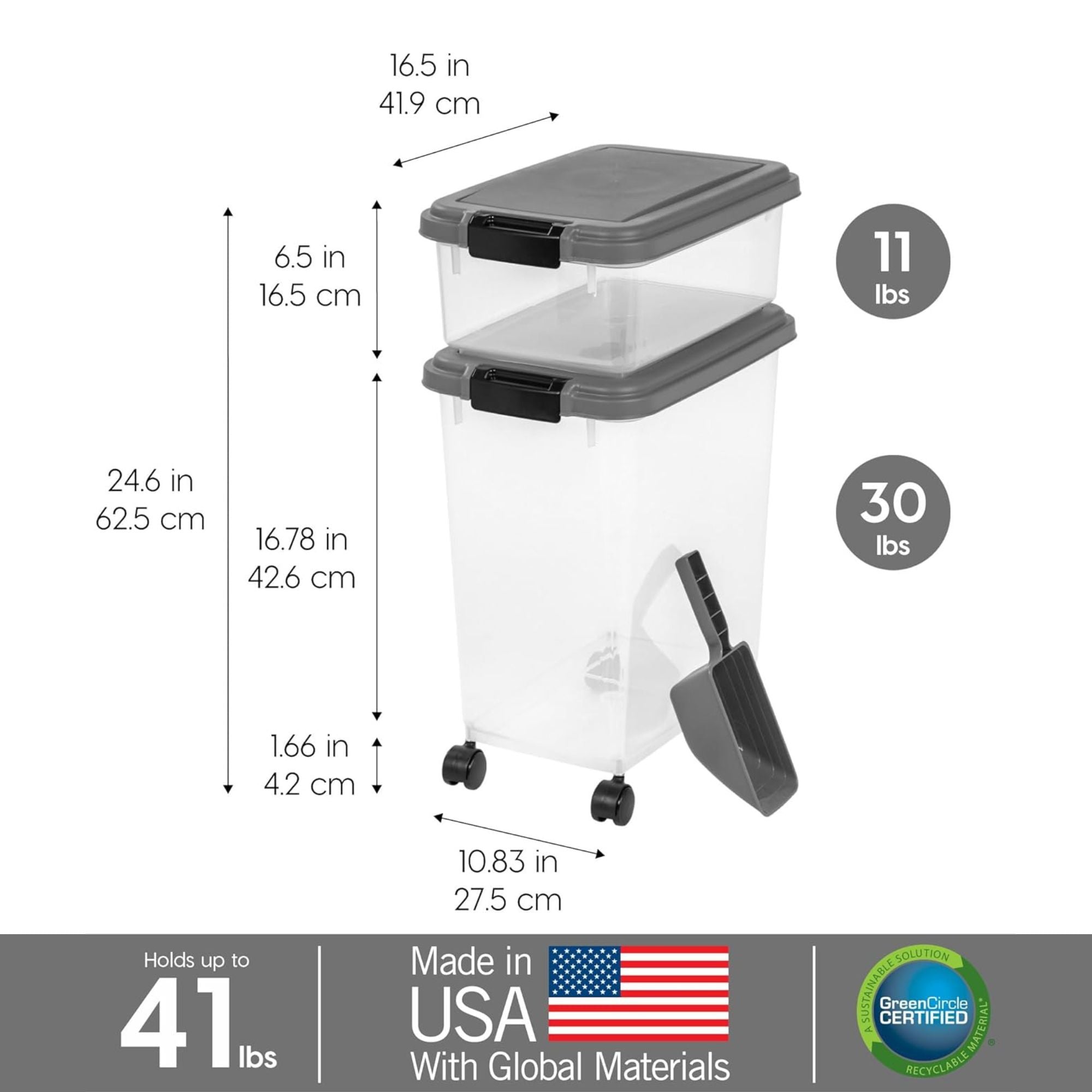 IRIS USA Pet Food Storage Container, Stackable 30 and 11 Pound Bins, Dark Gray