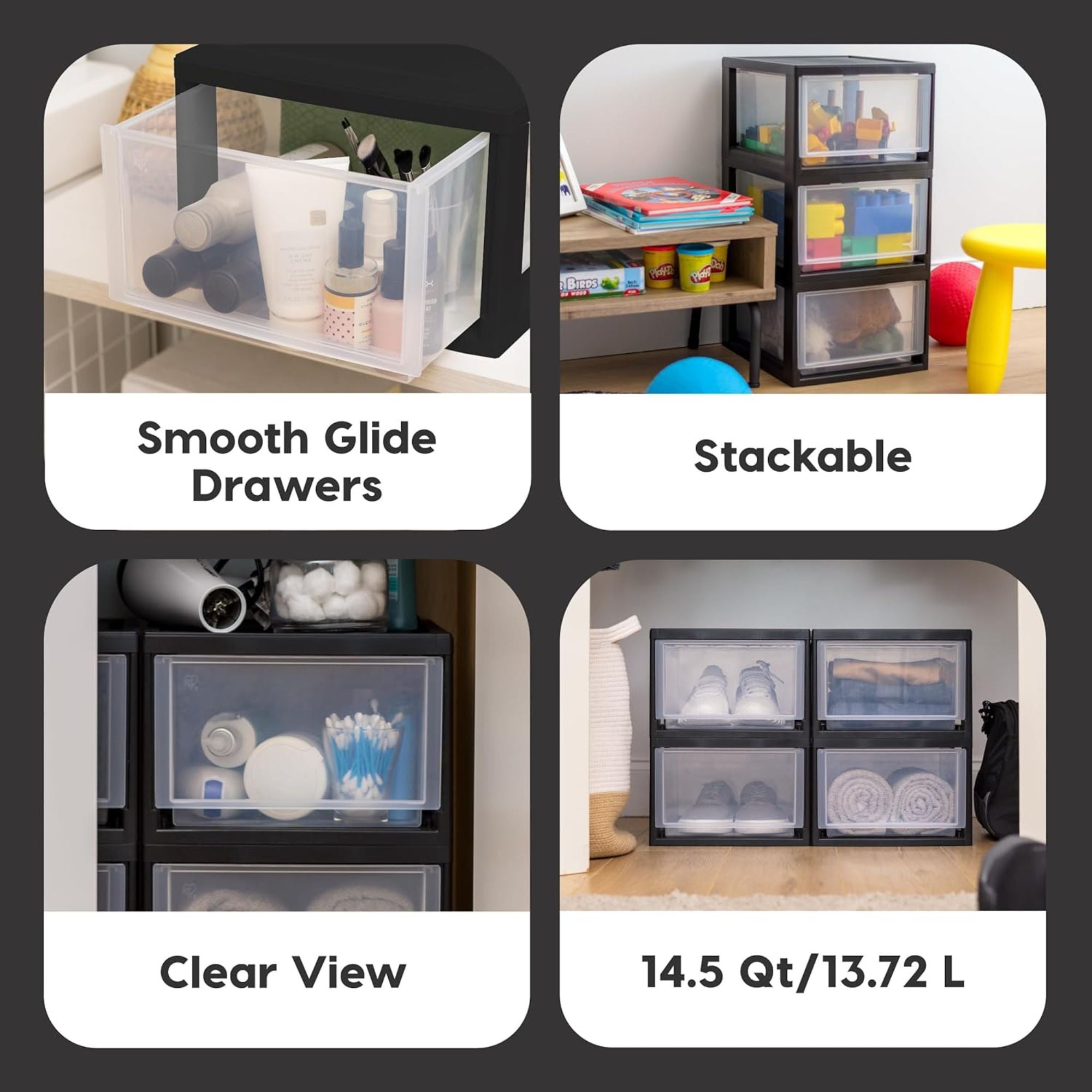 IRIS USA 6 Pack Plastic Drawer Storage Organizer, Stackable Unit, 14.5 Qt, Black