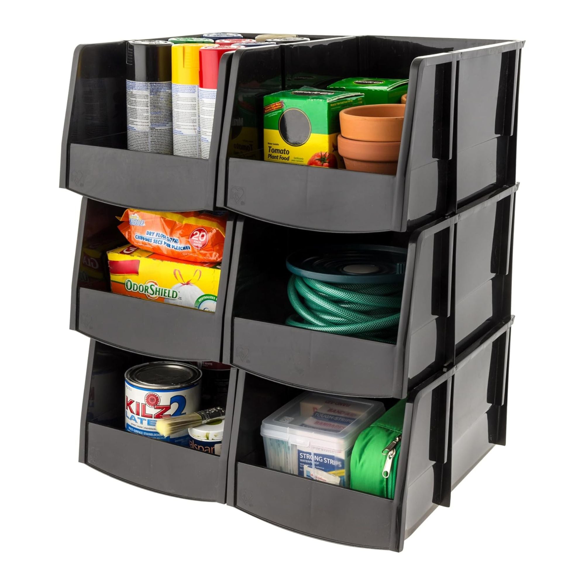 IRIS USA 6 Pack Stackable Plastic Storage Bins Organizer, Garage, Jumbo (Used)