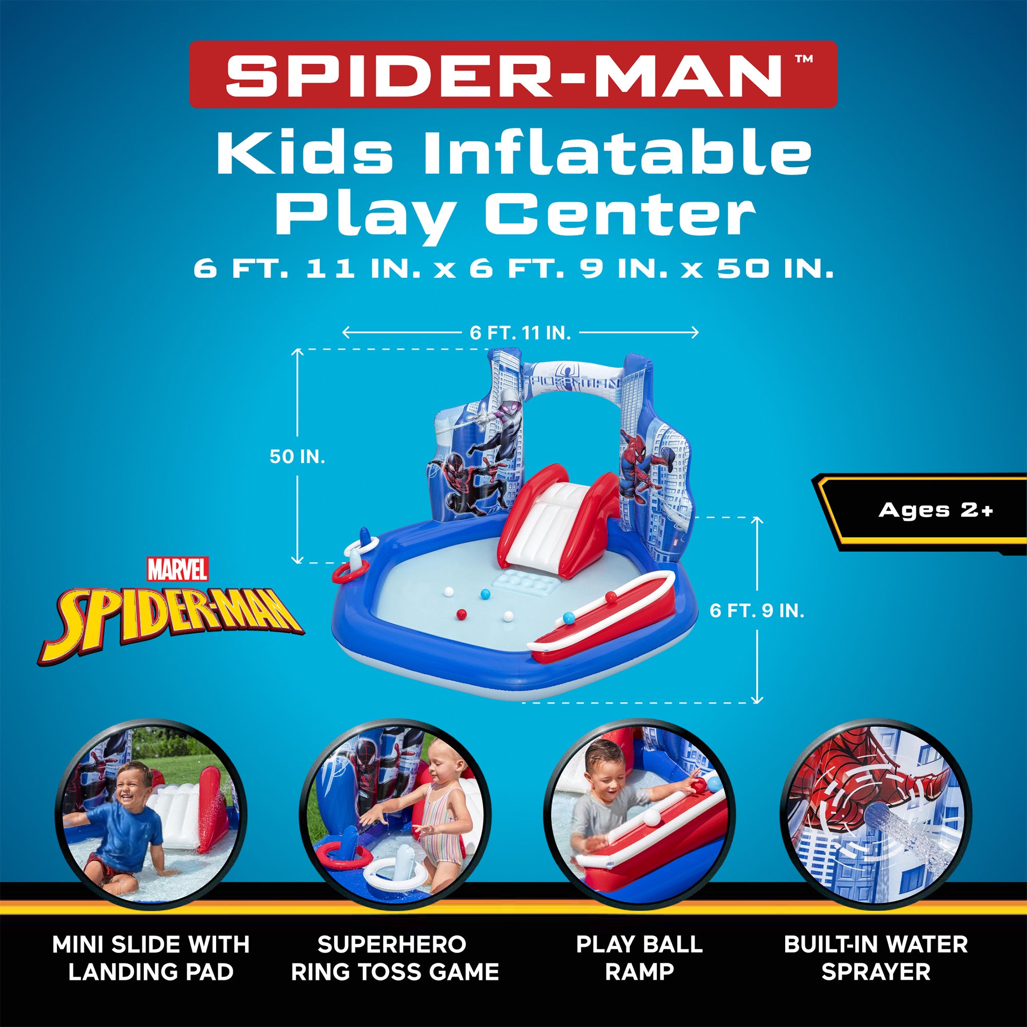 Marvel Spider-Man Inflatable Water Play Center, 6'11" x 6'9" x 50" Kids (Used)