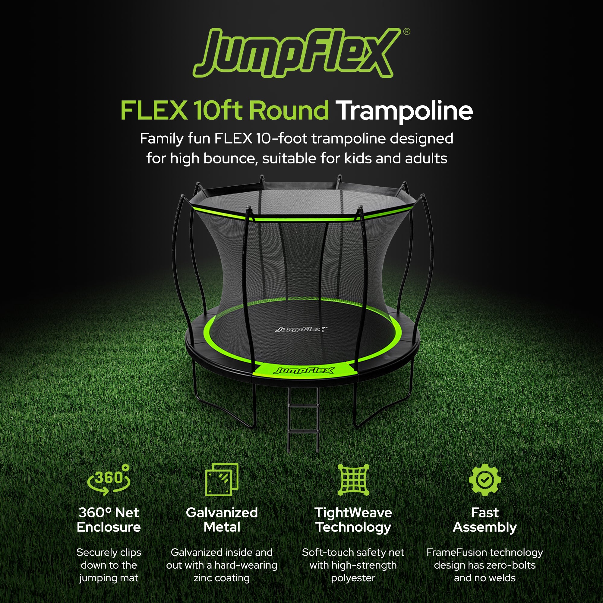 Jumpflex FLEX 10' Round Trampoline Outdoor Play Set with SMARTSHADE Canopy Cover - VMInnovations