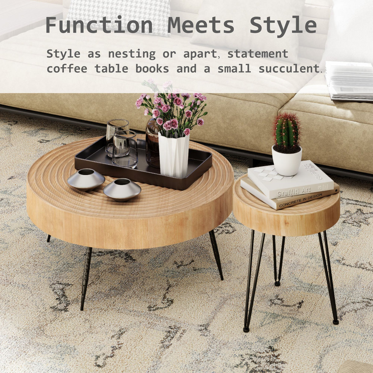 COZAYH 2 Piece Round Coffee Tables, Wooden Living Room Furniture, Ring, Set of 2