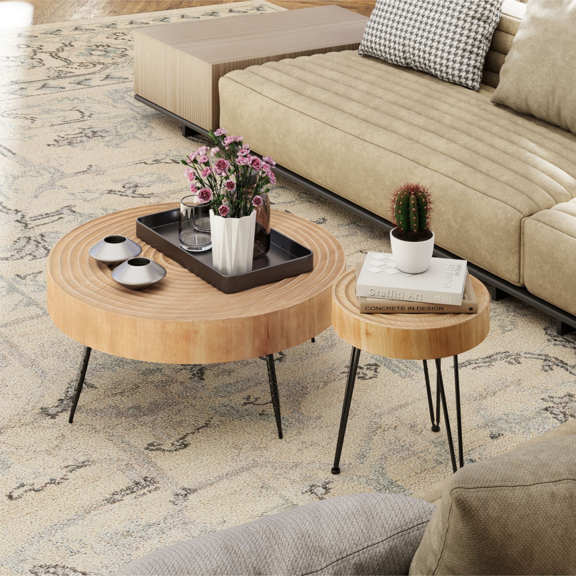 COZAYH 2 Piece Round Coffee Tables, Wooden Living Room Furniture, Ring, Set of 2