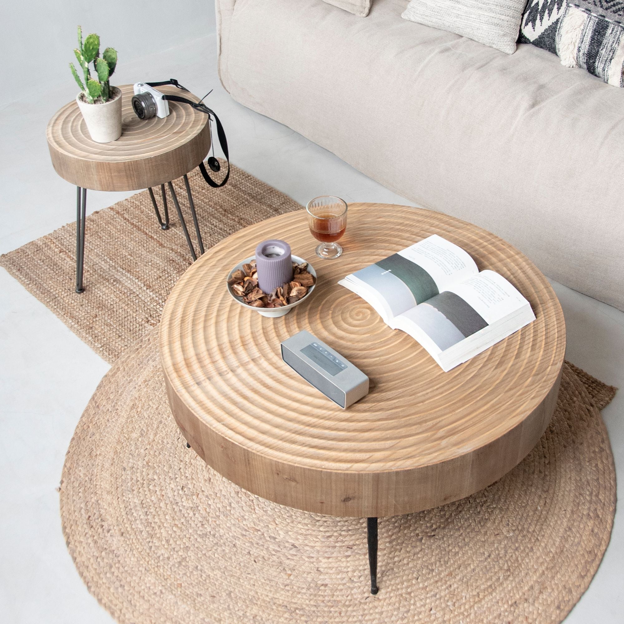COZAYH 2 Piece Wood Round Coffee Tables for Living Room, Ring Pattern (Open Box)