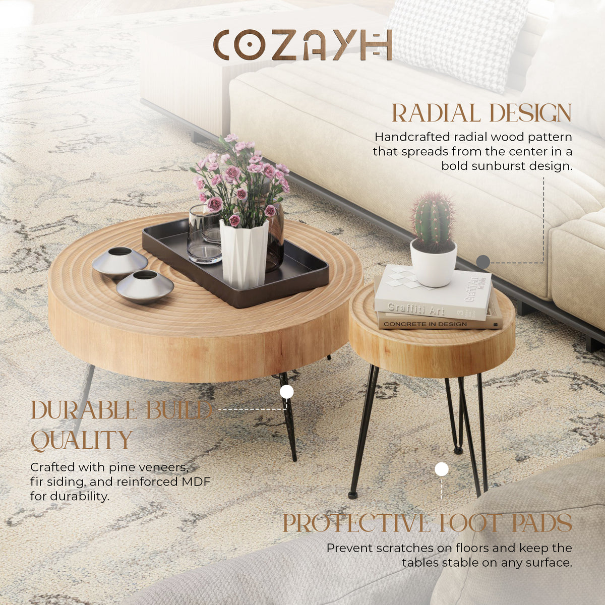 COZAYH 2pc Round Coffee Tables, Wooden Living Room Furniture, Ring Pattern(Used)