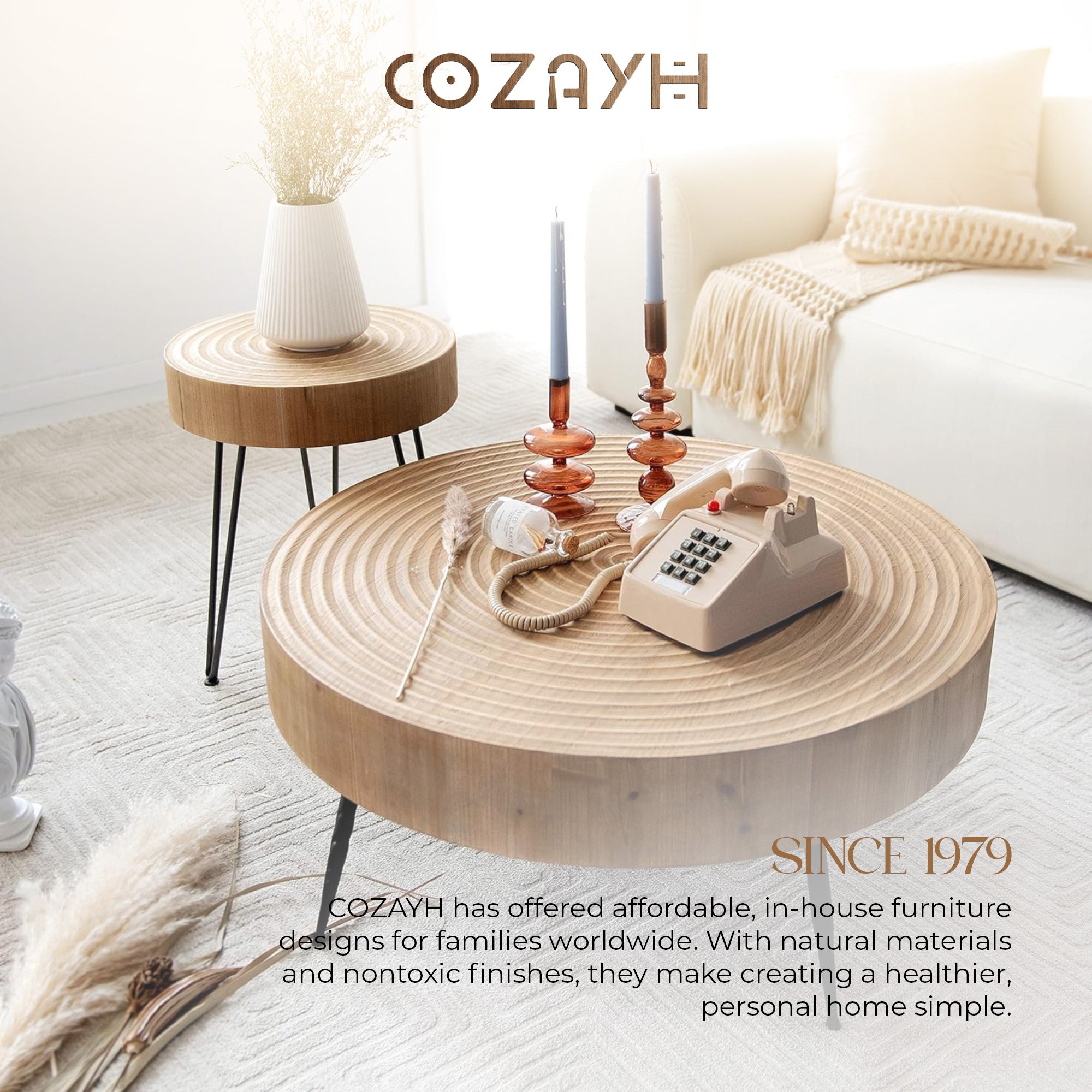 COZAYH 2 Piece Round Coffee Tables, Wooden Living Room Furniture, Ring Pattern