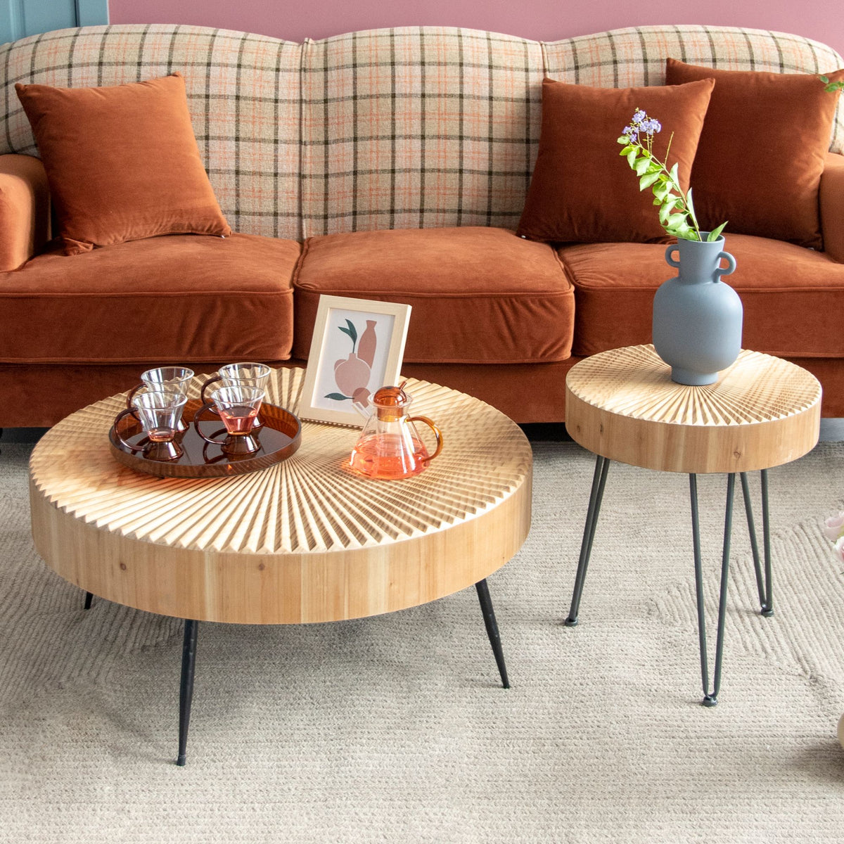 COZAYH 2 Piece Round Coffee Tables, Wood Living Room Furniture, Radial, Set of 2