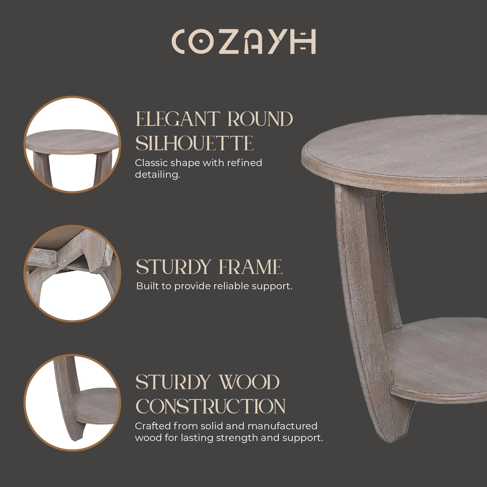 COZAYH Rustic Farmhouse Wooden End Table with Storage Shelf, Vintage Grey Finish