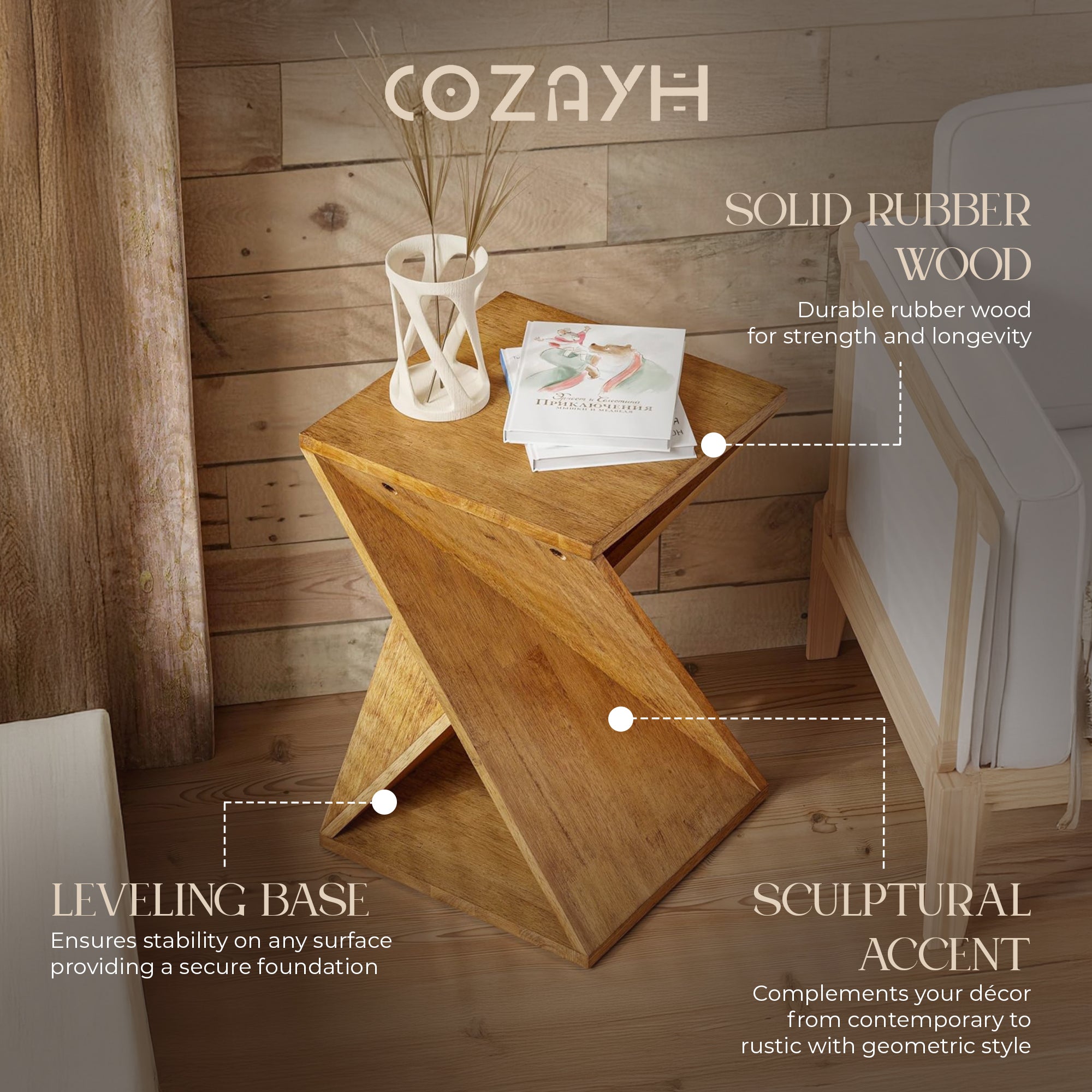 COZAYH Farmhouse Living Room End Table, Square Solid Pedestal Design (Open Box) - VMInnovations