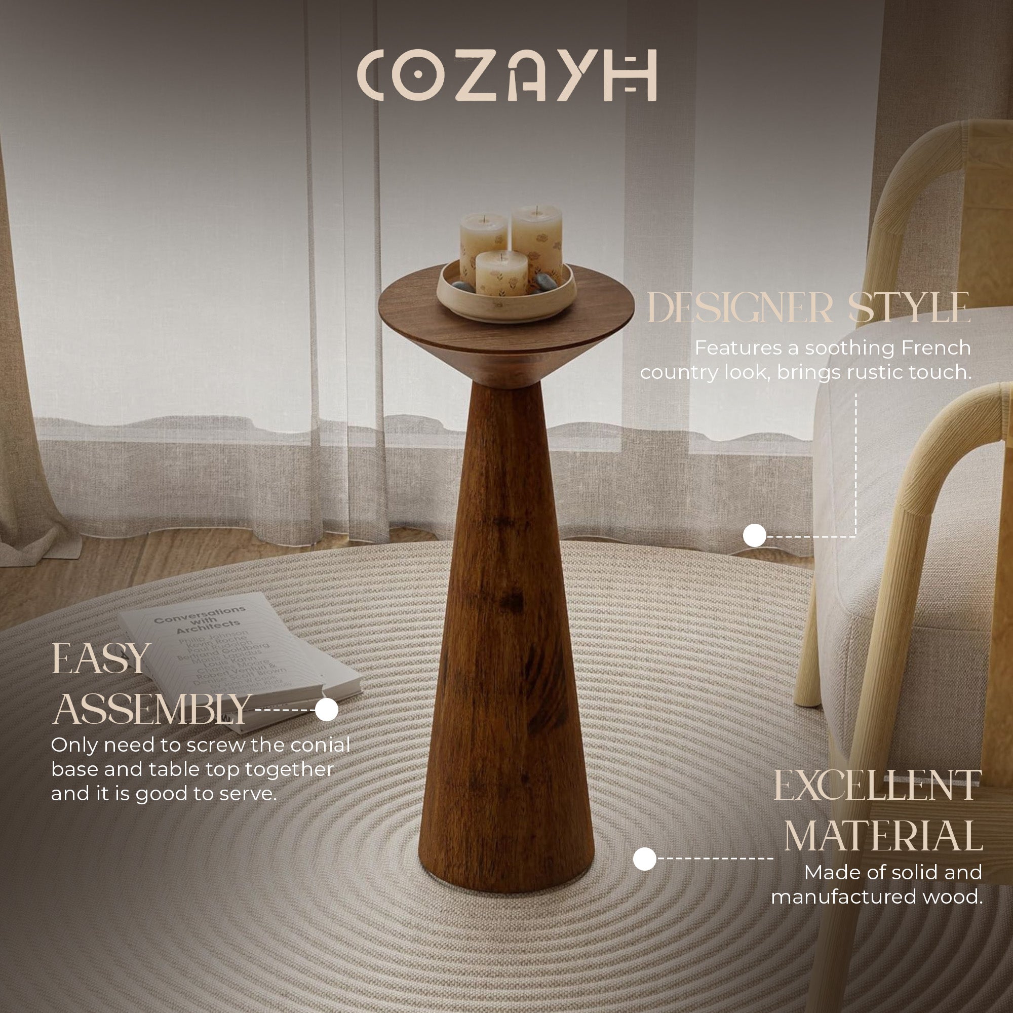 COZAYH Pedestal Tall Round Table for Living Rooms or Bedrooms, Walnut, Set of 2